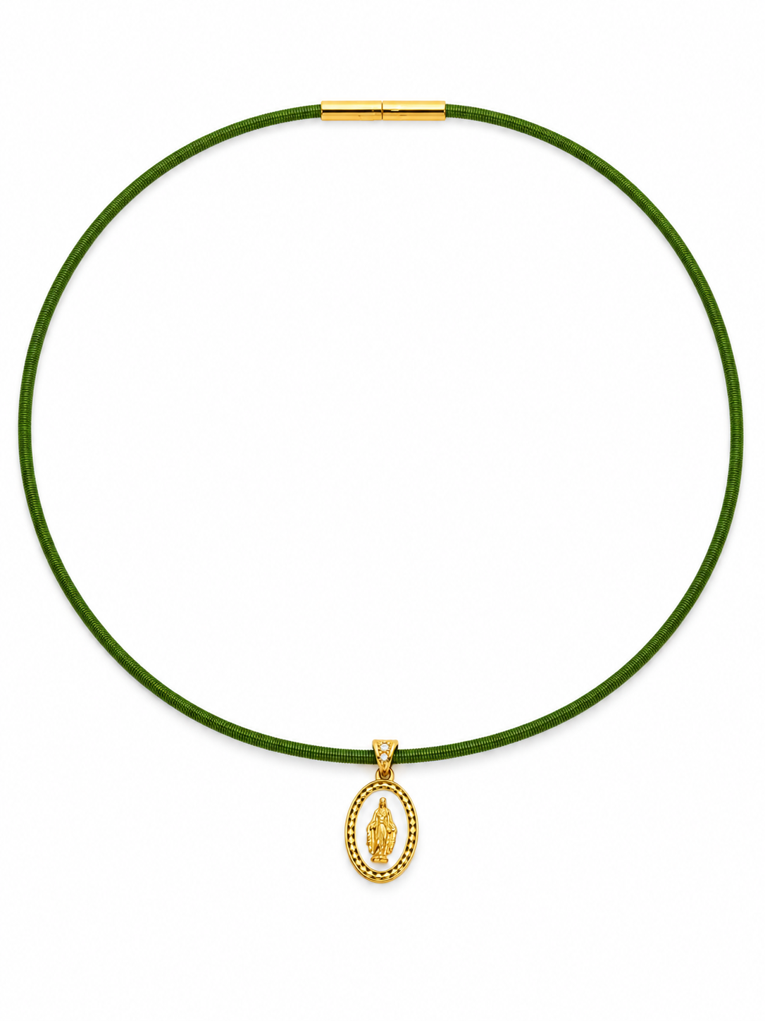 COLLANA CON CINTURINO VERDE E MADONNINA SMALTATA BIANCA IN ORO GIALLO 9KT