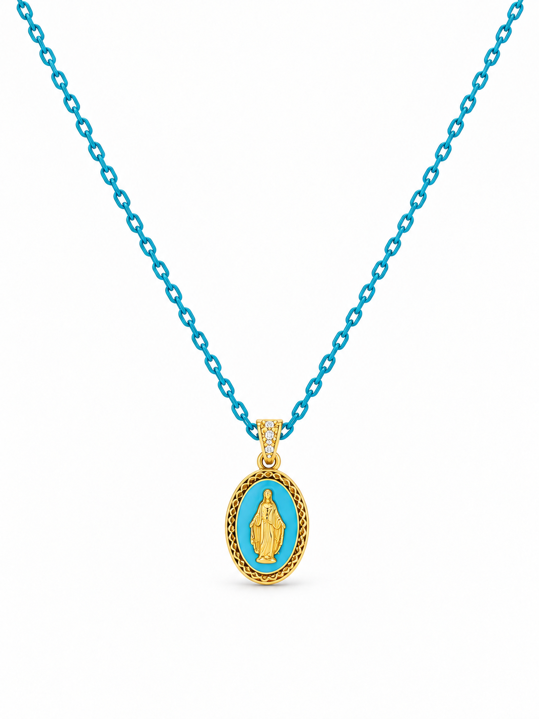 CIONDOLO MADONNA IN ORO 9KT, SMALTATA CON CATENA IN ARGENTO E CHIUSURA IN ORO 9KT