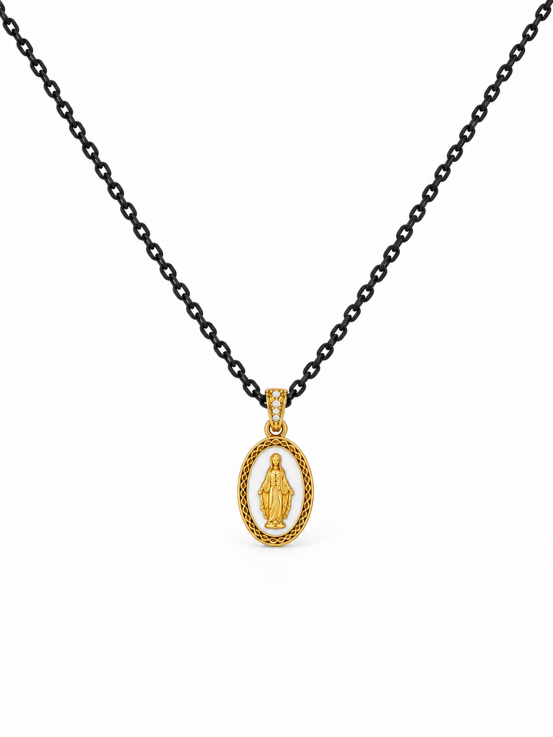 CIONDOLO MADONNA IN ORO 9KT, SMALTATA CON CATENA IN ARGENTO E CHIUSURA IN ORO 9KT
