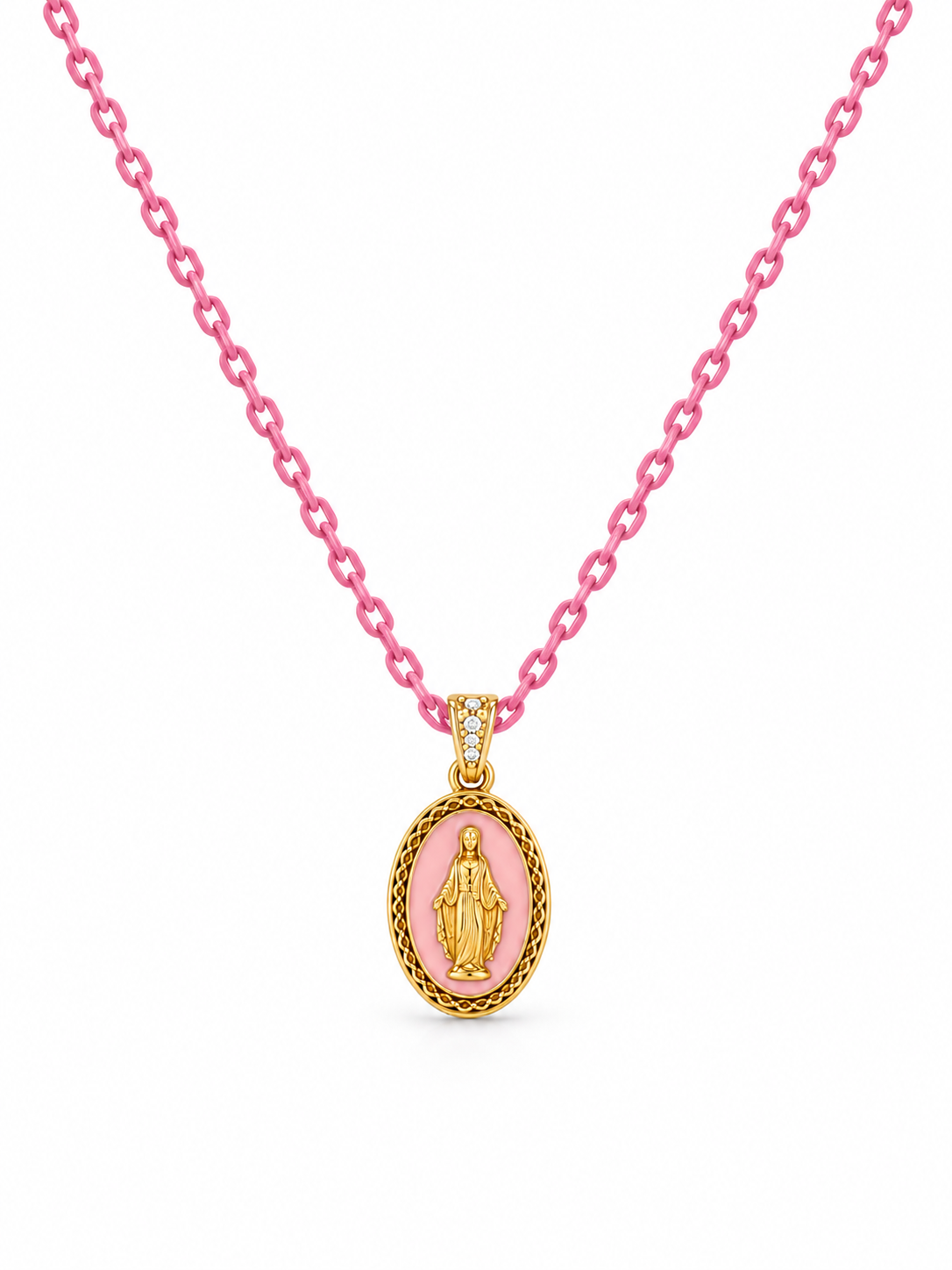 CIONDOLO MADONNA IN ORO 9KT, SMALTATA CON CATENA IN ARGENTO E CHIUSURA IN ORO 9KT