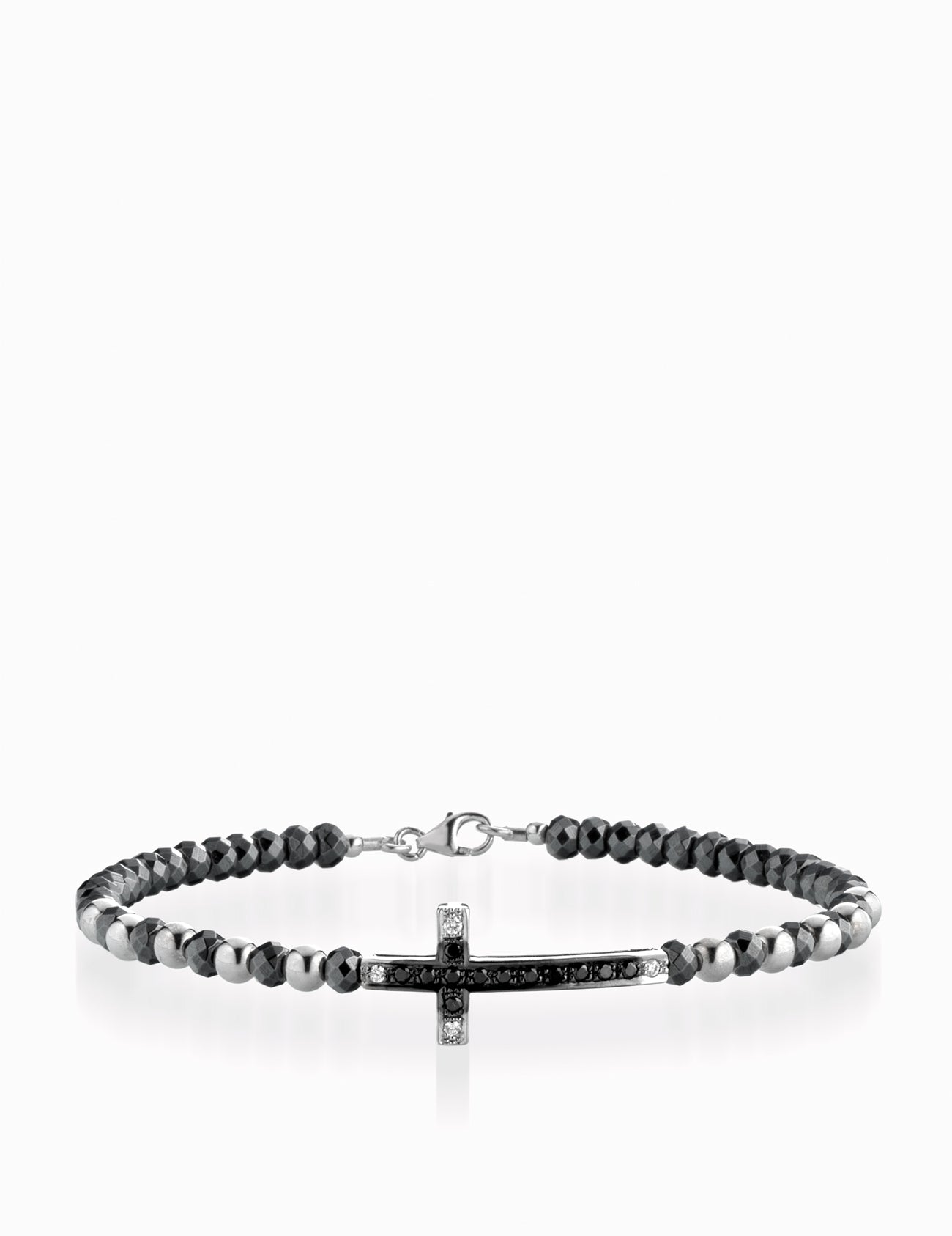 BRACCIALE RIGIDO IN ORO BIANCO CON CROCE CENTRALE DI DIAMANTI E DIAMANTI NERI