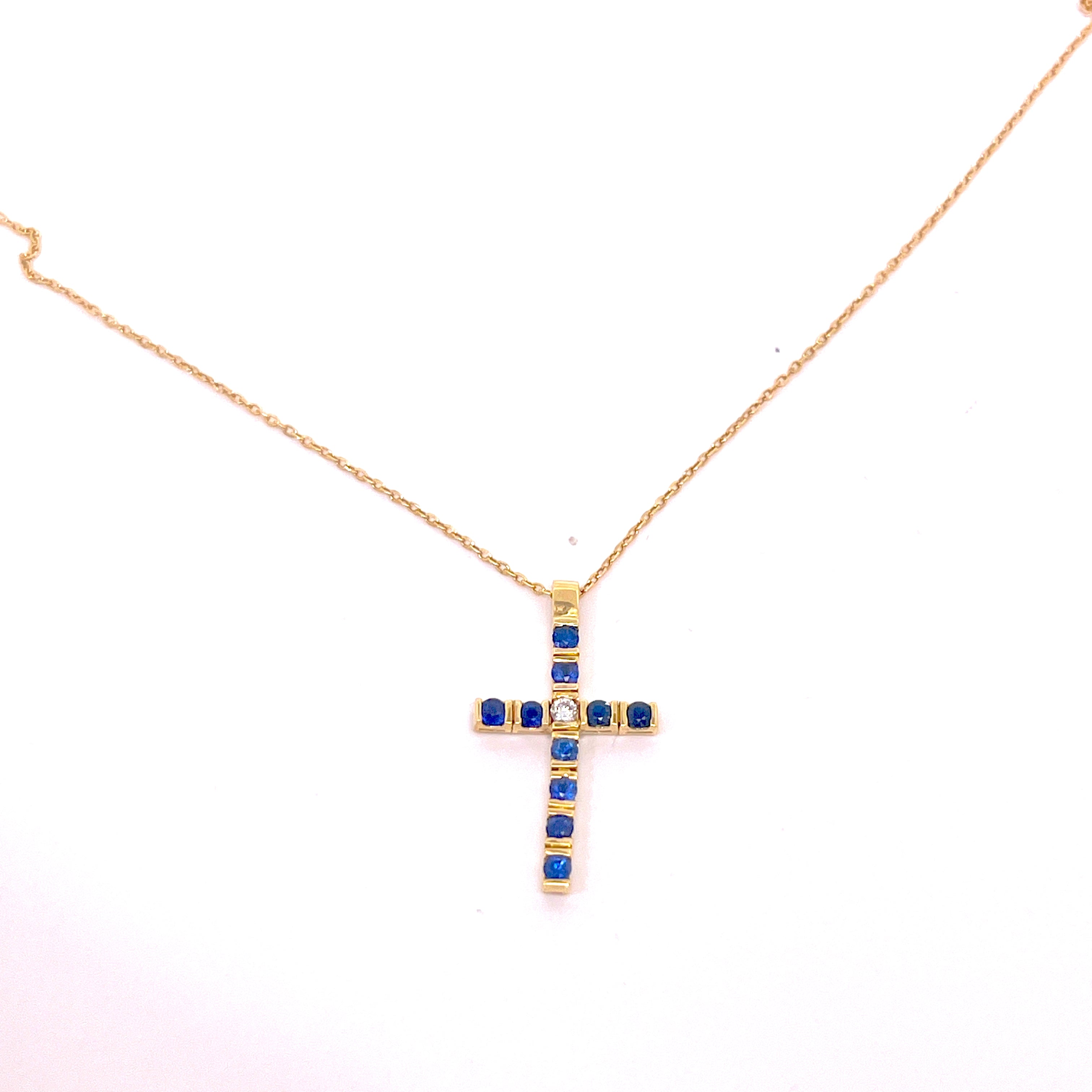 CROCE IN ORO GIALLO CON DIAMATNI E ZAFFIRI COMPRESA DI CATENINA