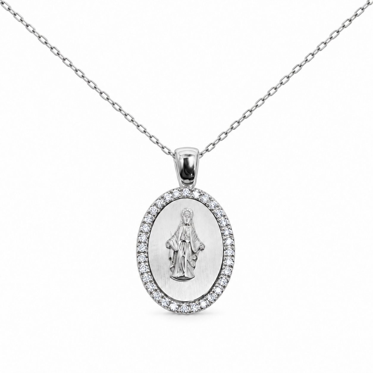 CIONDOLO MADONNA IN ORO BIANCO CON DIAMANTI SATINATA ALL'INTERNO
