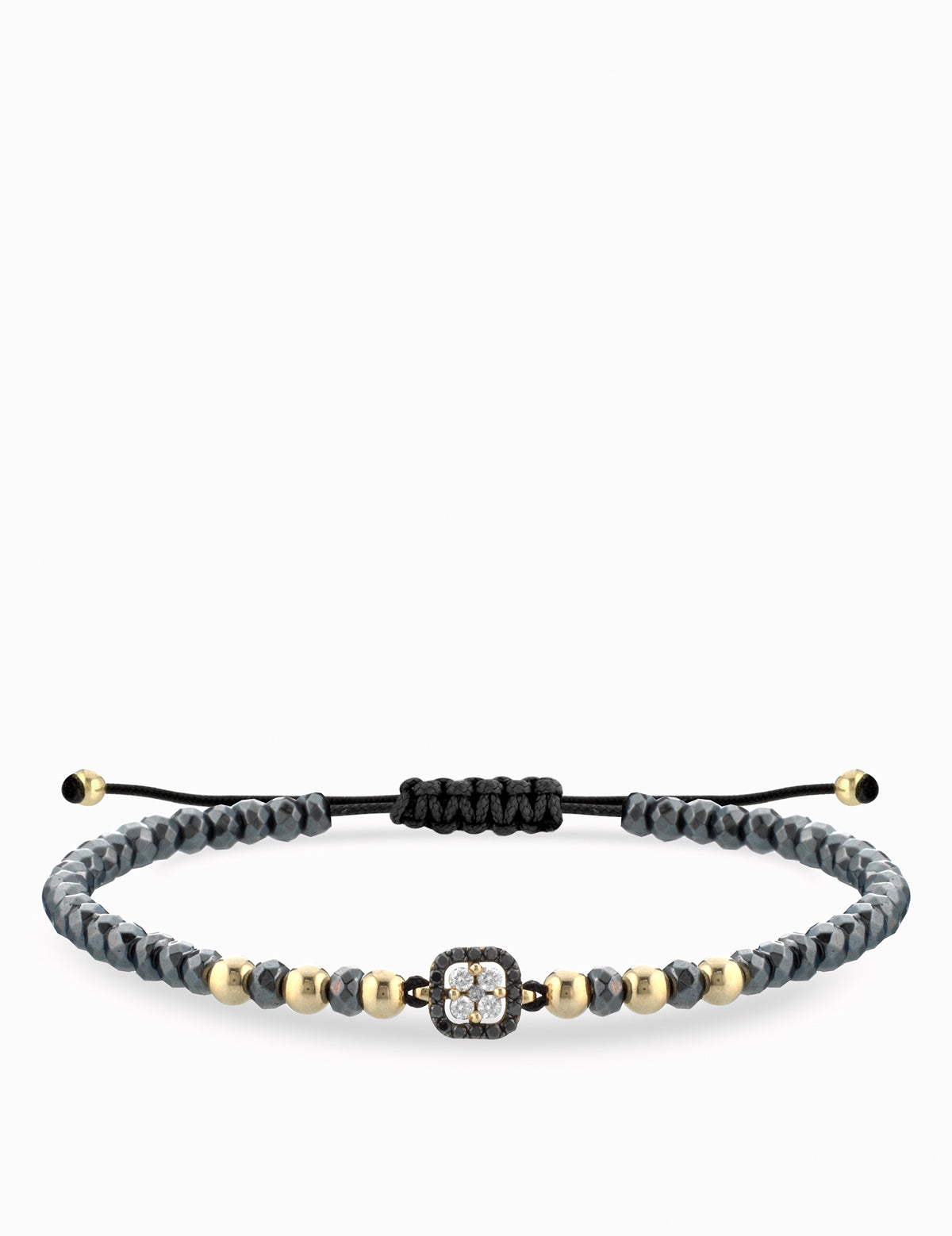 BRACCIALE LACCIO CON EMTATIE E PALLINE IN ORO GIALLO, CENTRALE DI DIAMANTI BIANCHI E NERI