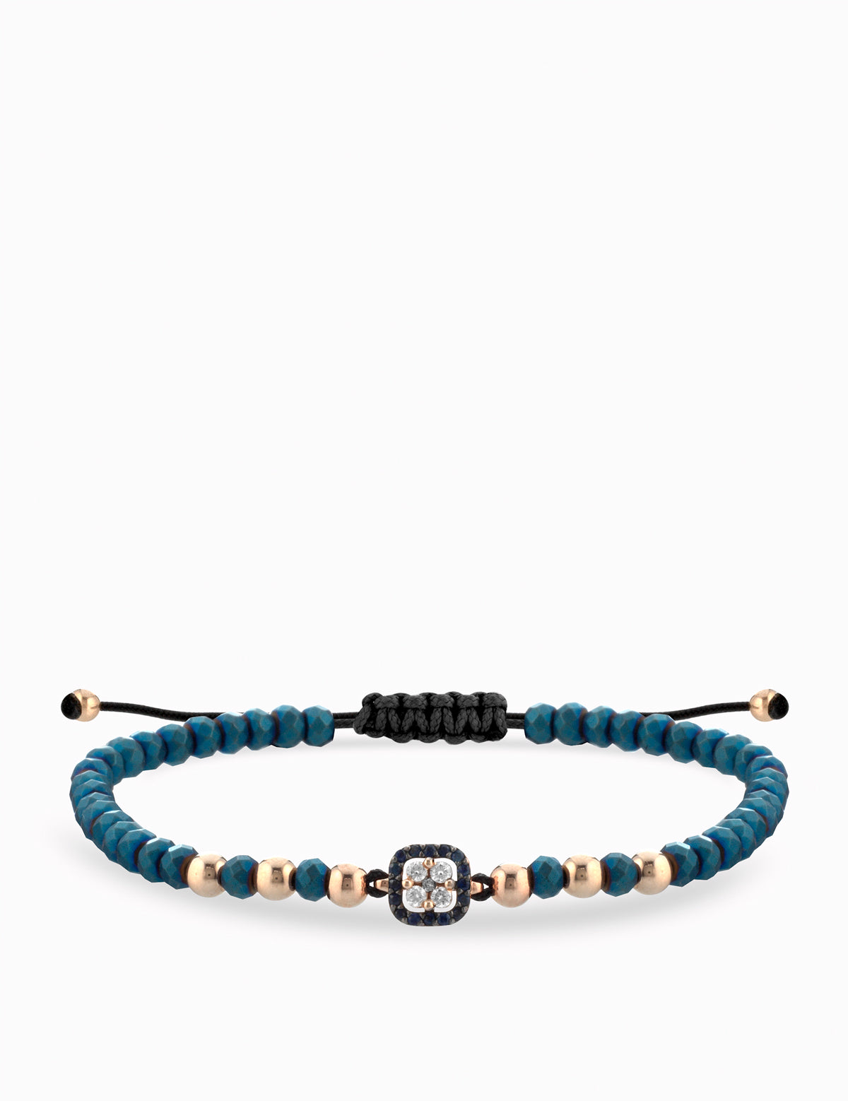 BRACCIALE LACCIO CON EMTATIE E PALLINE IN ORO ROSA, CENTRALE DI DIAMANTI E ZAFFIRI