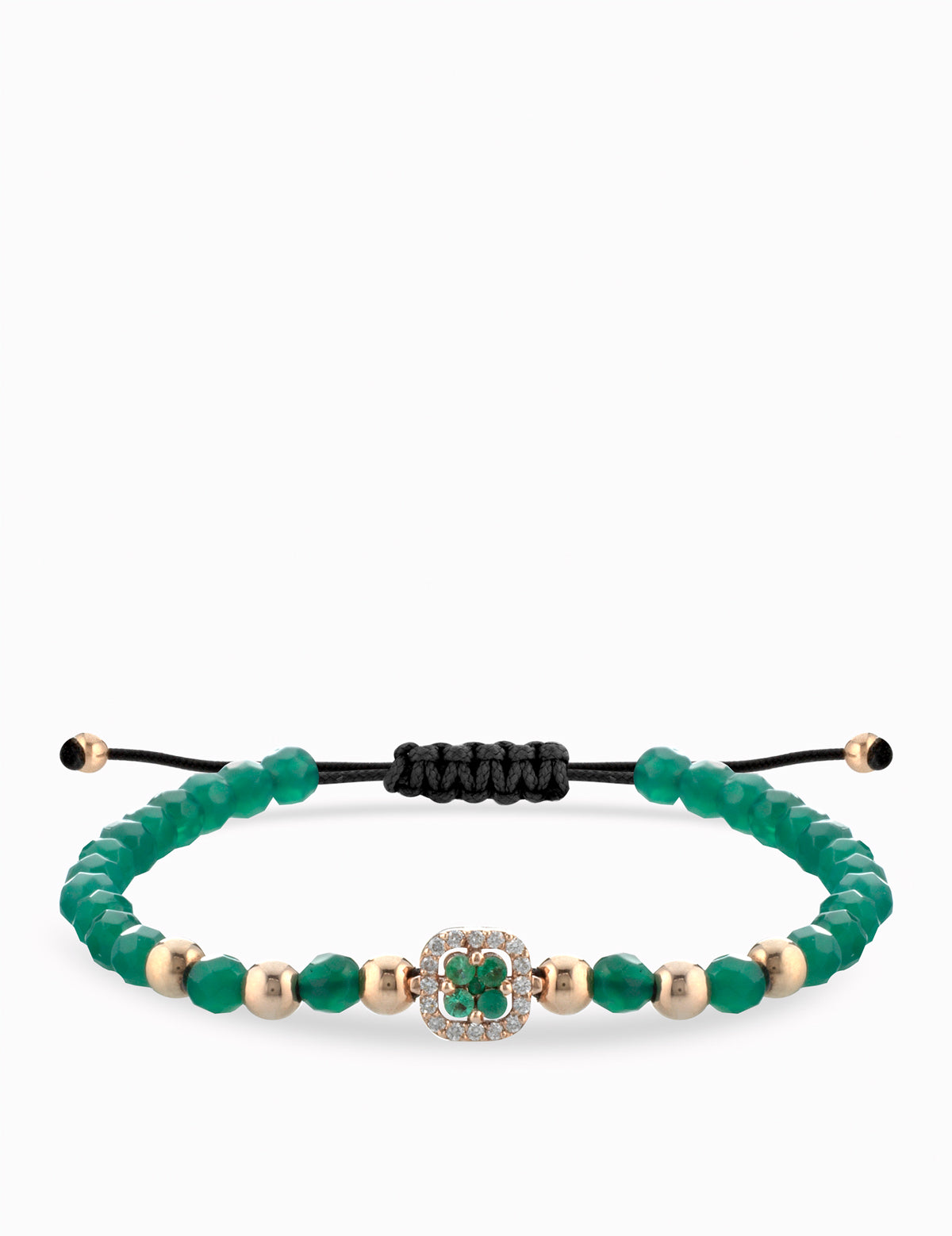 BRACCIALE LACCIO CON EMTATIE E PALLINE IN ORO ROSA, CENTRALE DI DIAMANTI E SMERALDI