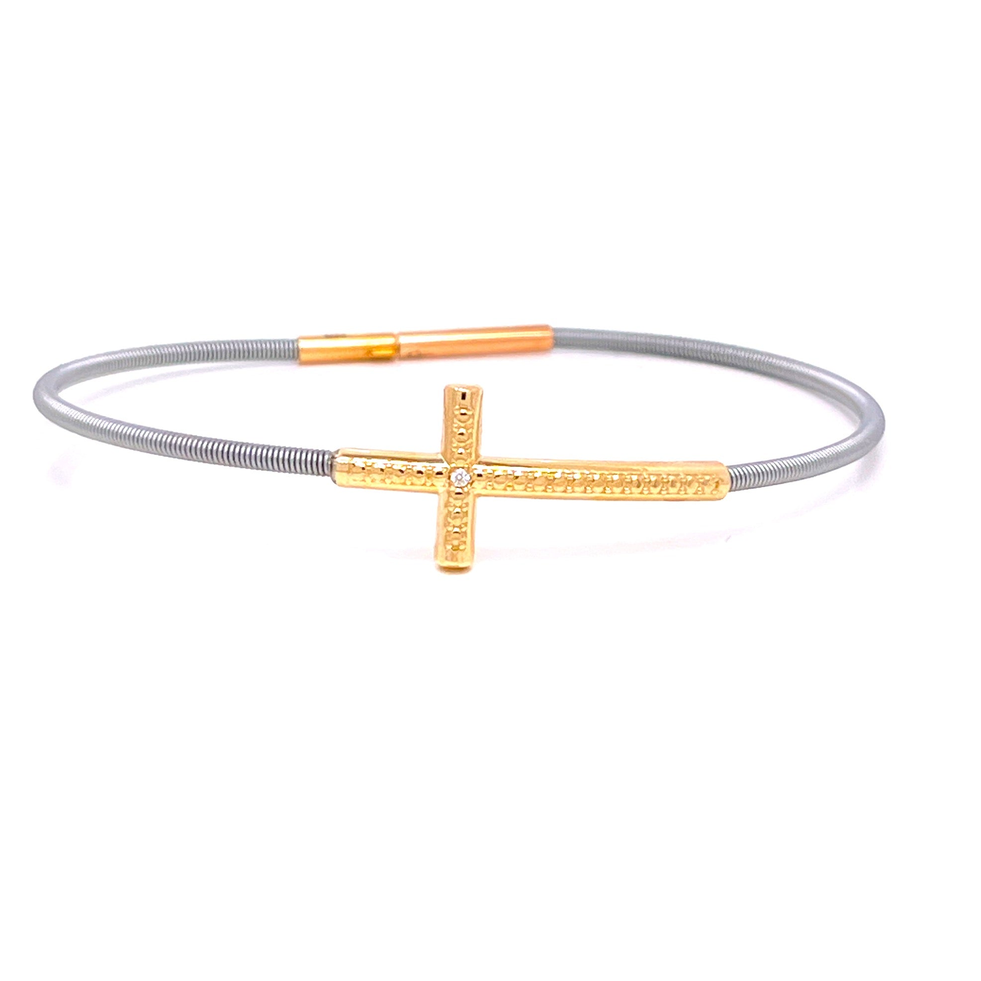 BRACCIALE GRIGIO IN ORO GIALLO CON CROCE CENTRALE E UN DIAMANTINO