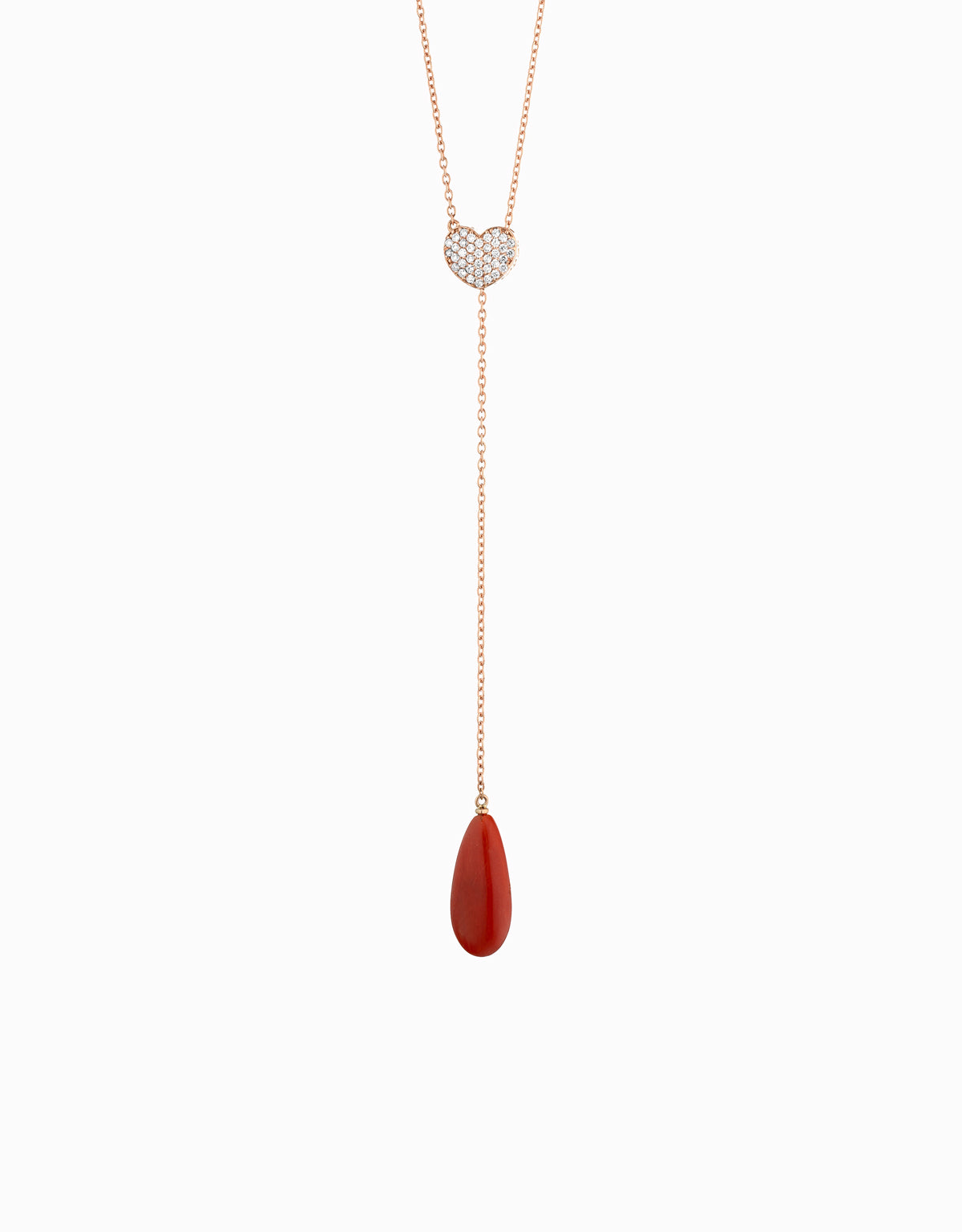 COLLANA SALISCENDI IN ORO ROSA CON CUORE DI DIAMANTI E GOCCIA DI CORALLO