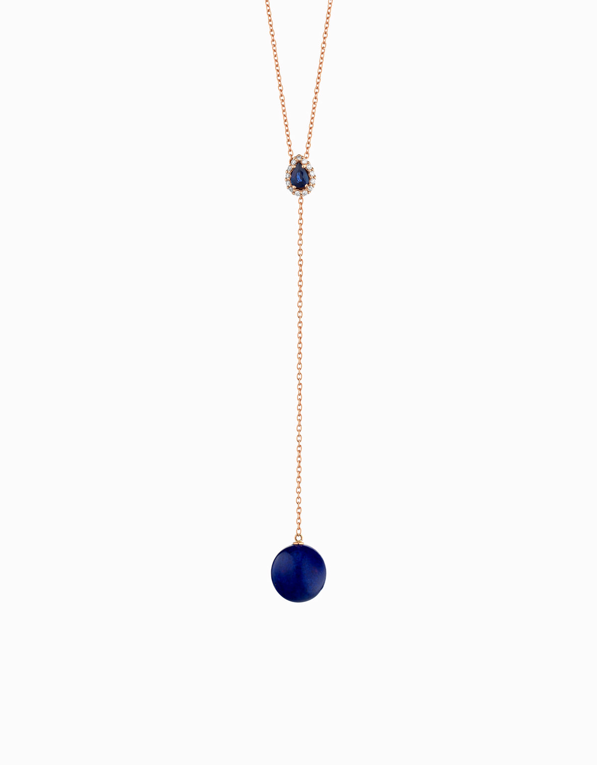 COLLANA SALISCENDI IN ORO ROSA CON GOCCIA DI DIAMANTI E ZAFFIRO CENTRALE E LAPIS TONDO