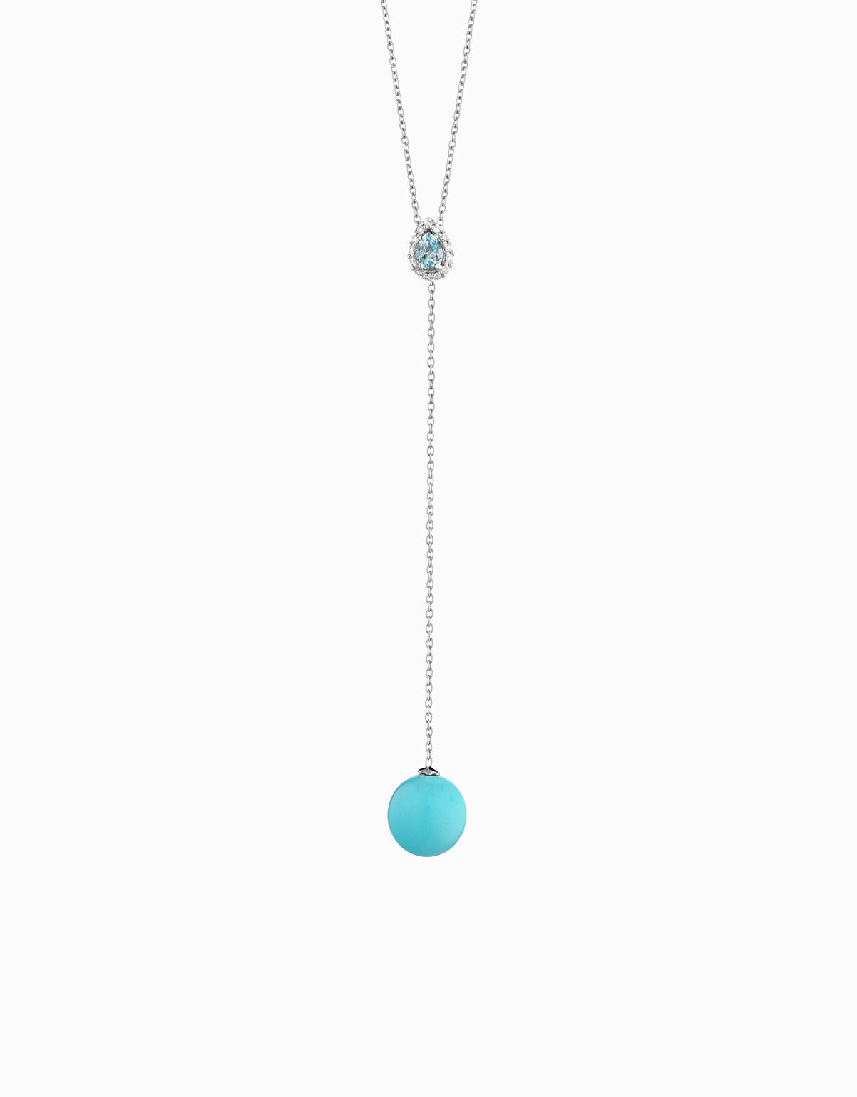COLLANA SALISCENDI IN ORO BIANCO CON DIAMANTI E GOCCIA DI ACQUAMARINA SFERA TURCHESE