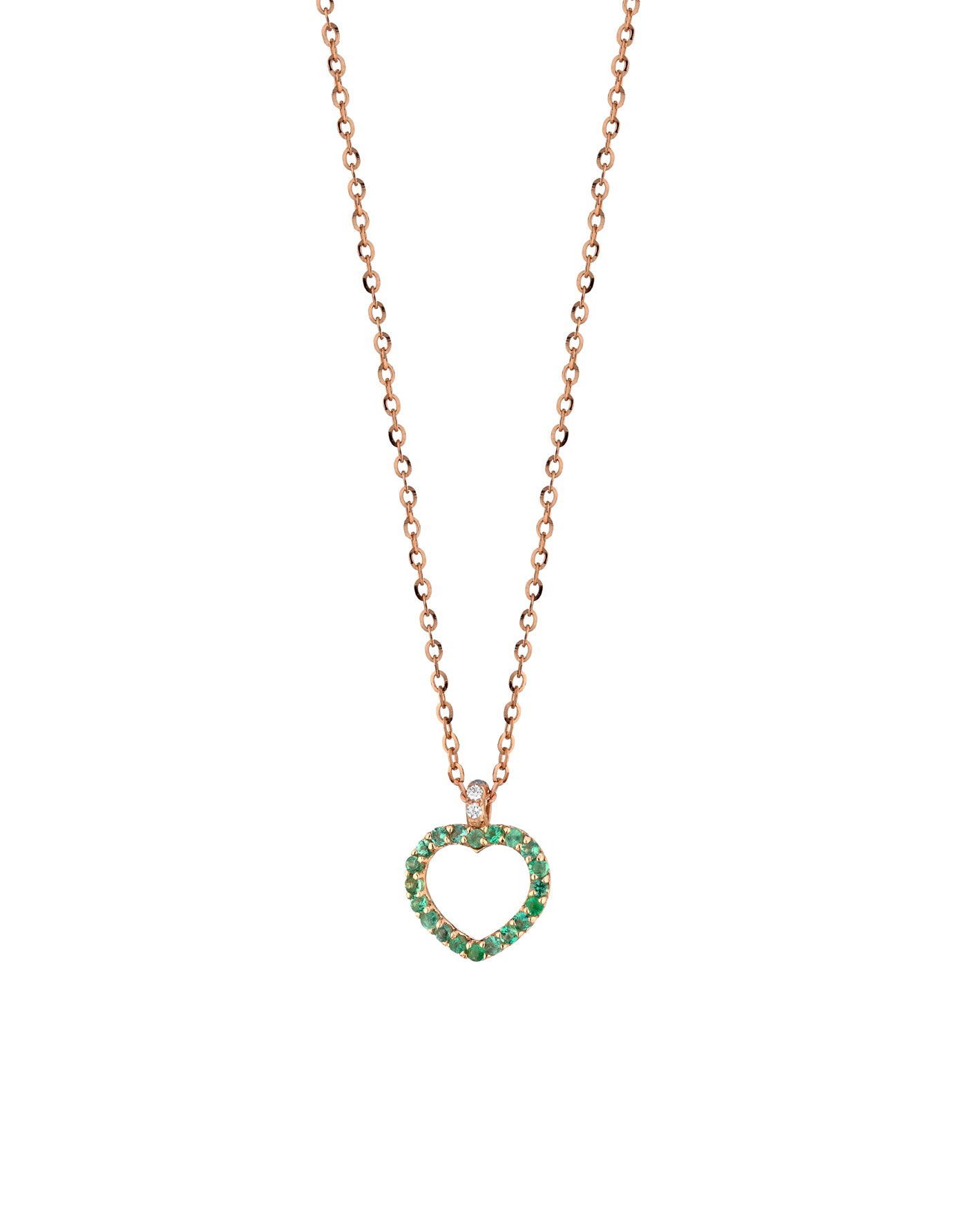 CIONDOLO IN ORO ROSA CON CUORE PICCOLO APERTO DI DIAMANTI E SMERALDI