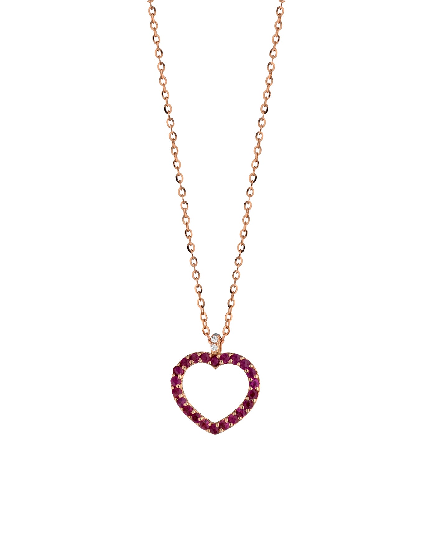 CIONDOLO IN ORO ROSA CON CUORE APERTO DI DIAMANTI E RUBINI