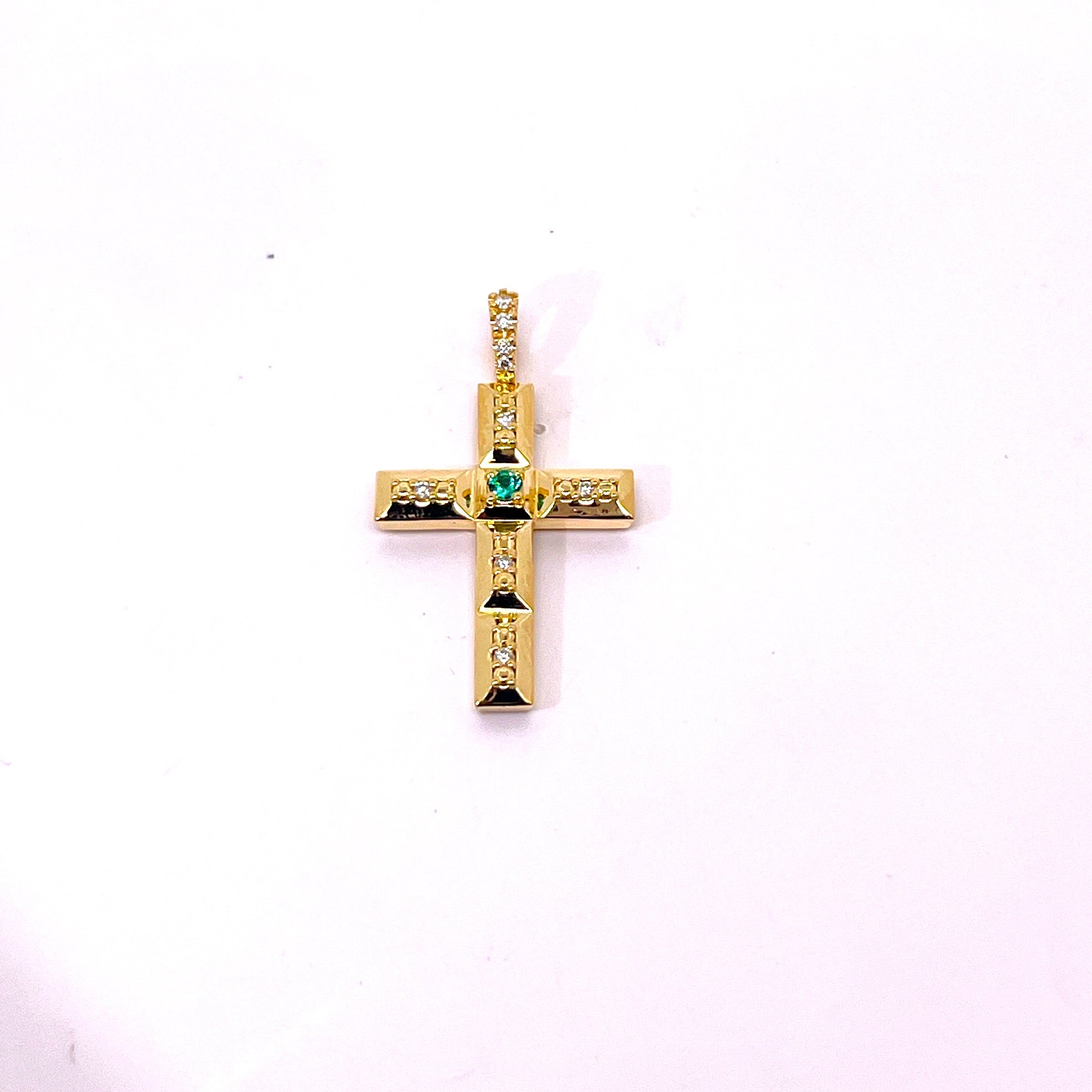 CROCE IN ORO GIALLO GRANDE CON DIAMANTI E SMERALDO CENTRALE