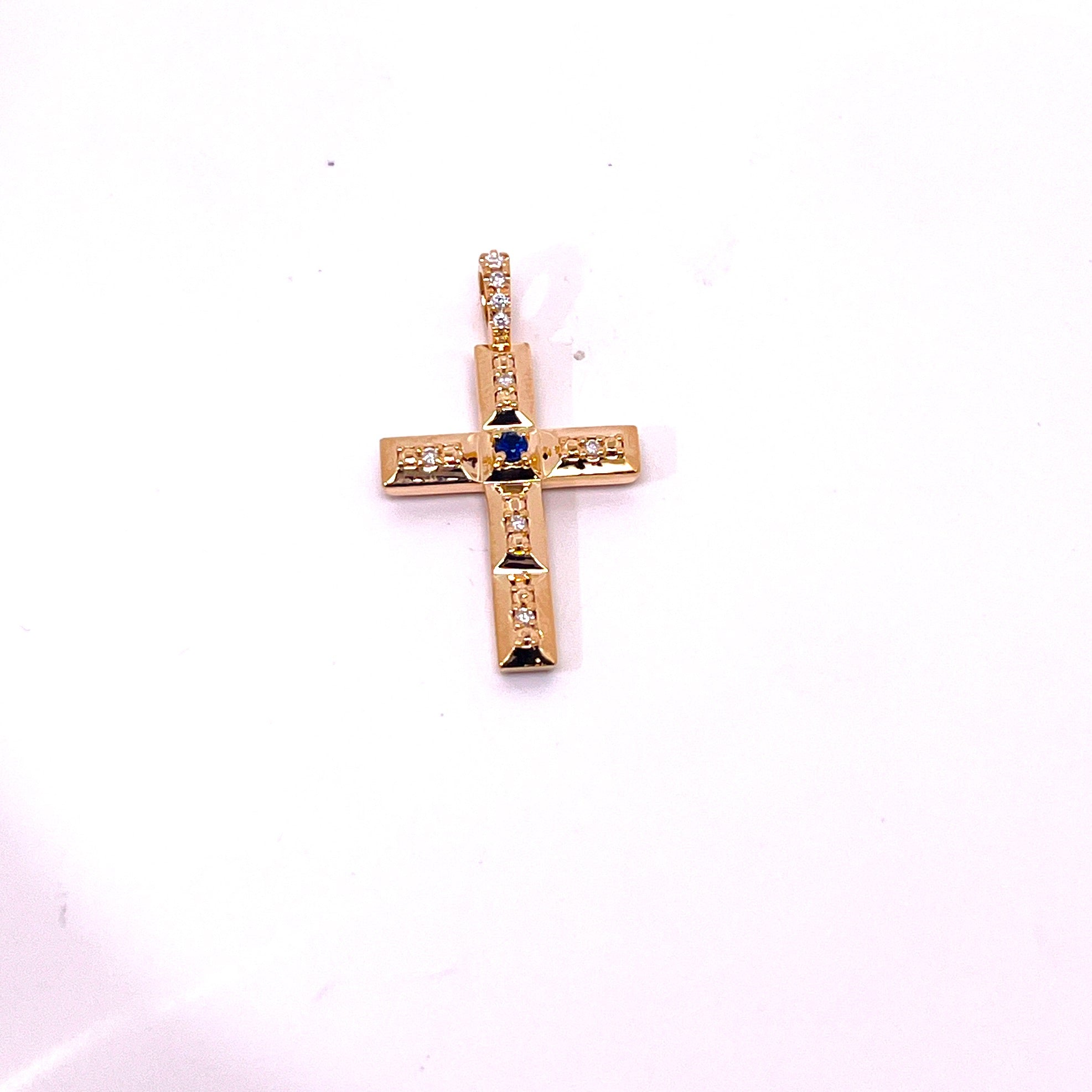 CROCE IN ORO ROSA GRANDE CON DIAMANTI E ZAFFIRO CENTRALE