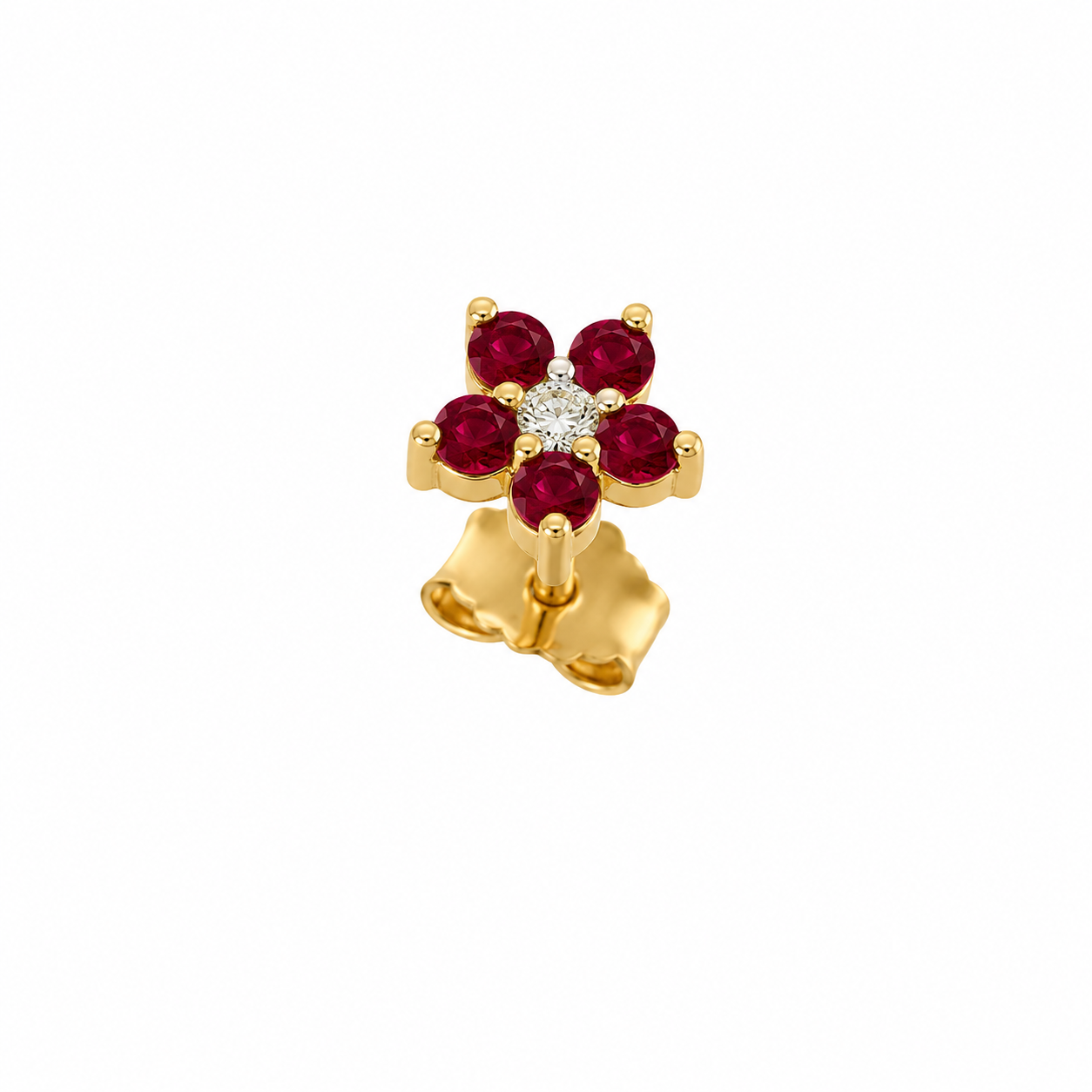 MONO ORECCHINO A FIORI IN ORO GIALLO CON DIAMANTINO CENTRALE E RUBINI