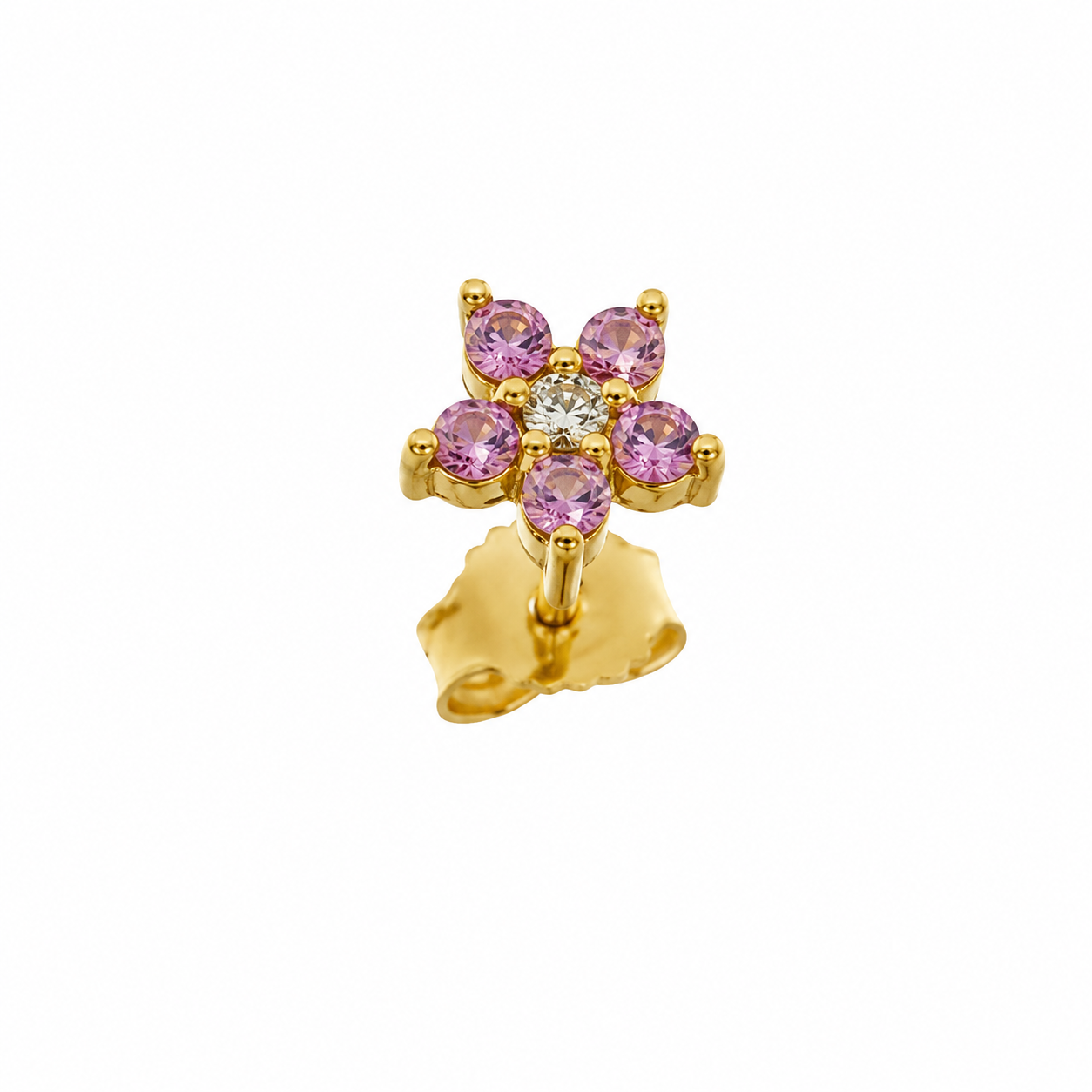 MONO ORECCHINO A FIORI IN ORO GIALLO CON DIAMANTINO CENTRALE E ZAFFIRI ROSA