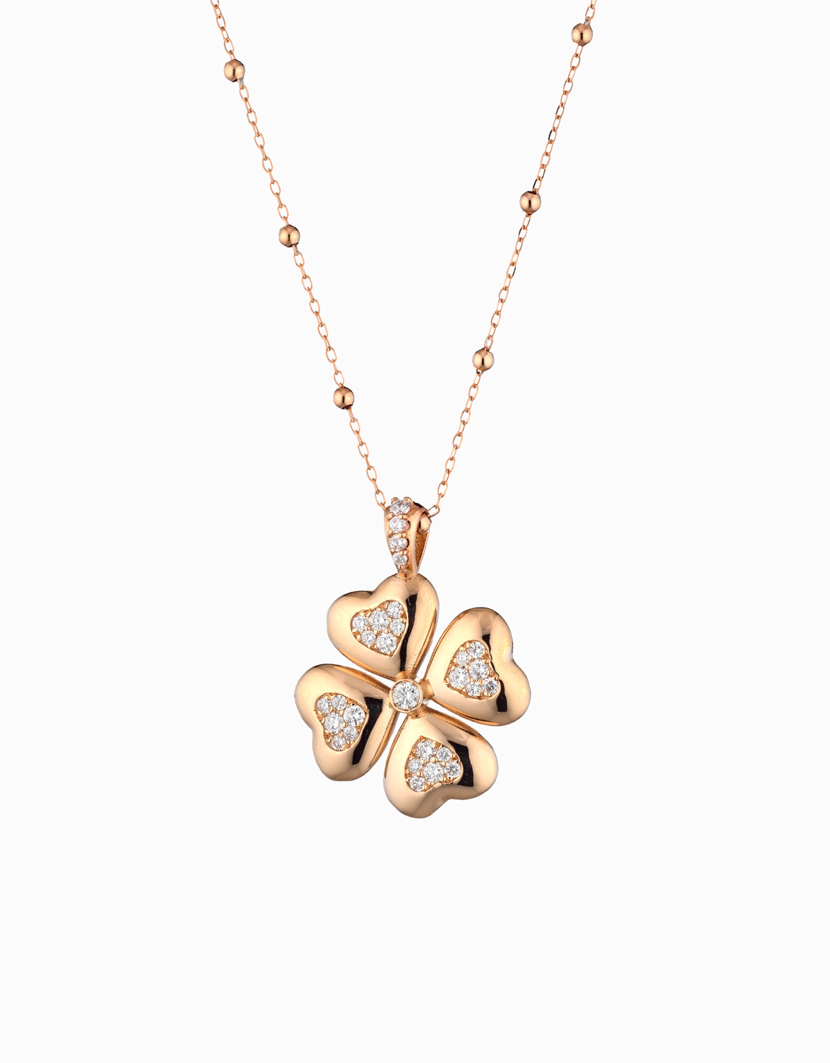 CIONDOLO QUADRIFOGLIO IN ORO ROSA CON DIAMANTI E CATENA MODELLO ROSARIO
