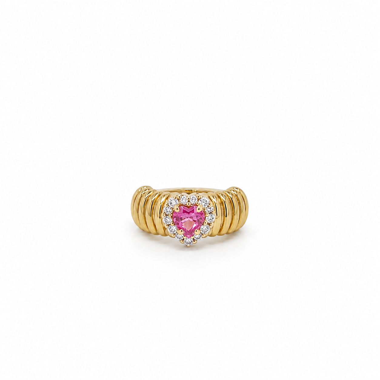 MONO ORECCHINO IN ORO GIALLO CON CUORE ZAFFIRO ROSA CENTRALE E DIAMANTI