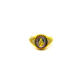 ANELLO SIGILLO IN ORO GIALLO CON RUBINI E MADONNINA CENTRALE