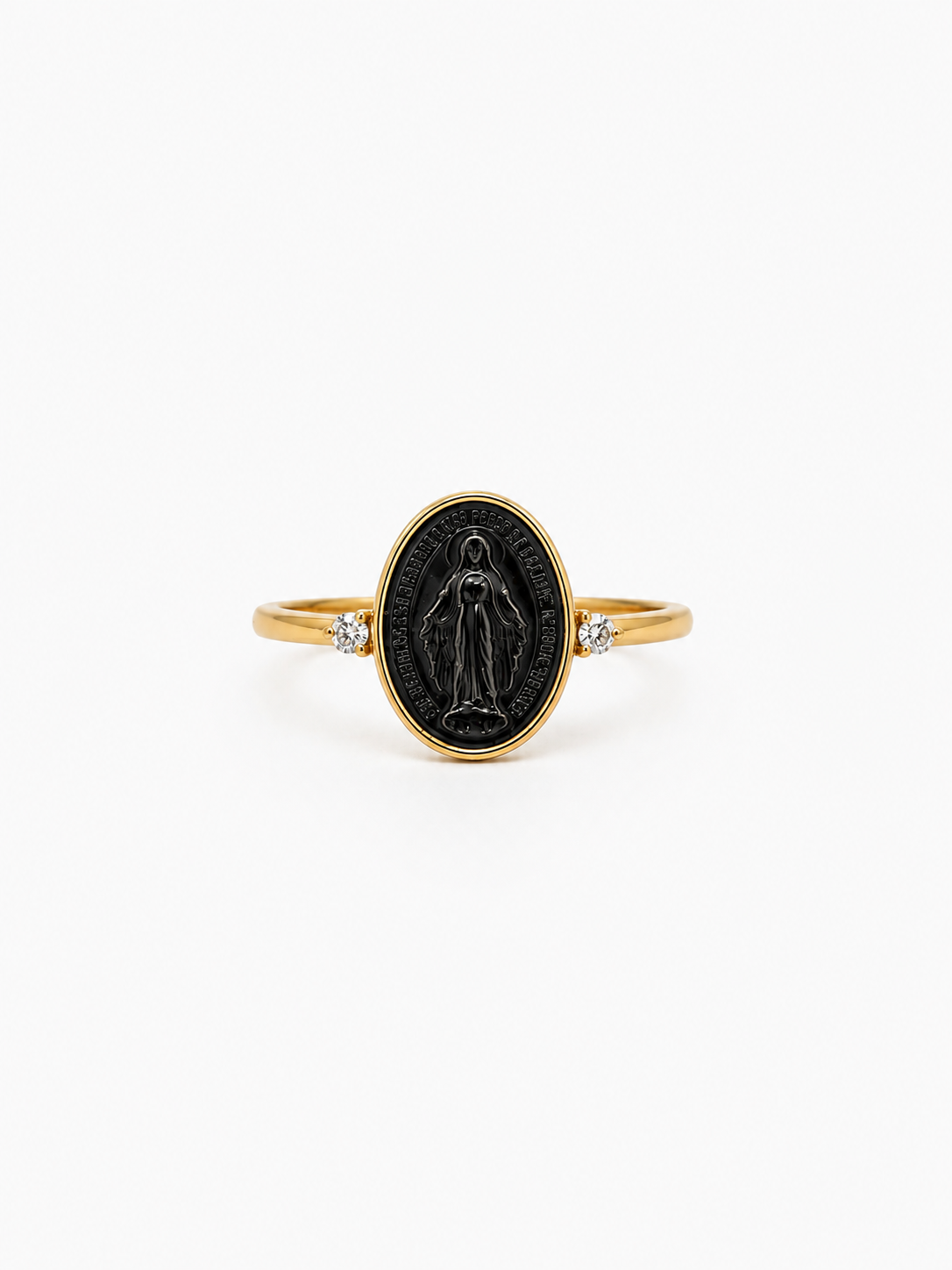 ANELLO IN ORO 9KT, CON DIAMANTI E MADONNINA IN CERAMICA