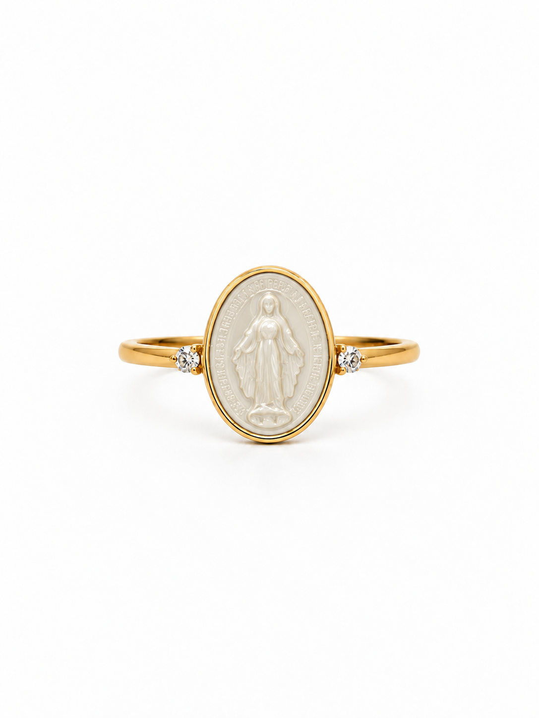 ANELLO IN ORO 9KT, CON MADONNINA IN CERAMICA E DIAMANTINI