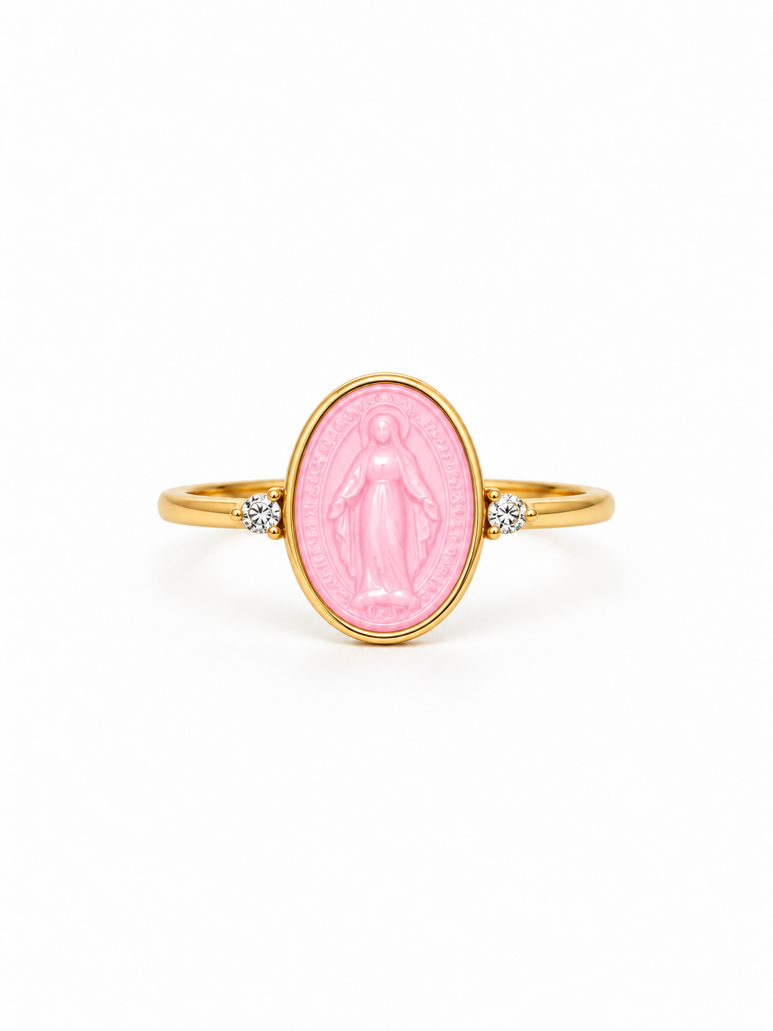 ANELLO IN ORO 9KT, CON MADONNINA IN CERAMICA E DIAMANTINI