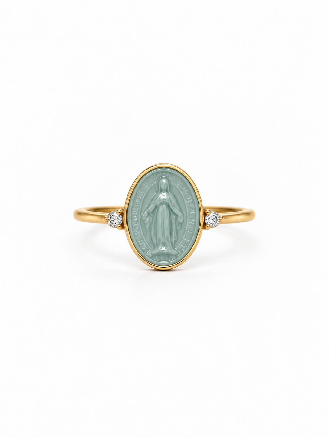 ANELLO IN ORO 9KT, CON MADONNINA IN CERAMICA E DIAMANTINI