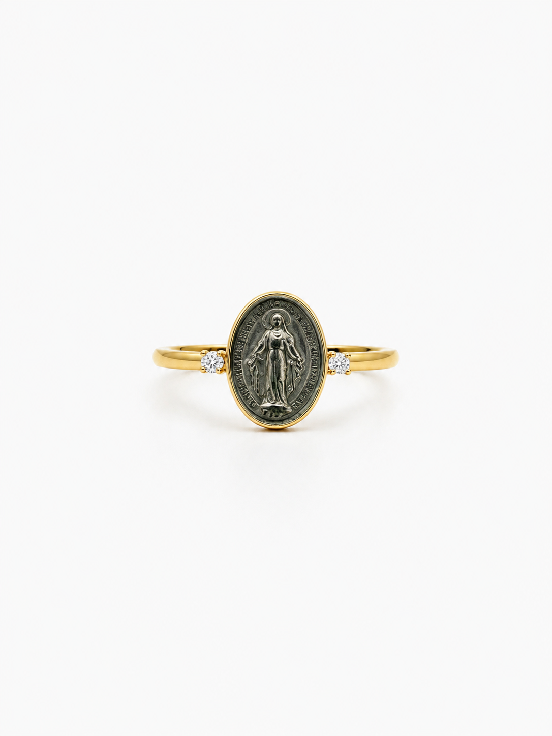 ANELLO IN ORO 9KT, CON MADONNINA IN CERAMICA E DIAMANTINI