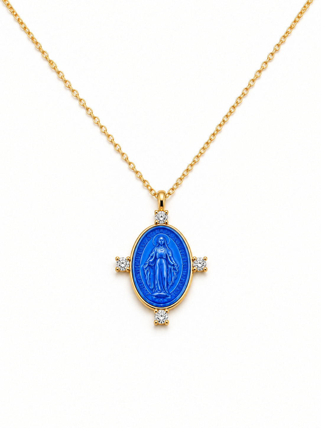 CIONDOLO IN ORO 9KT, CON MADONNINA IN CERAMICA E DIAMANTI