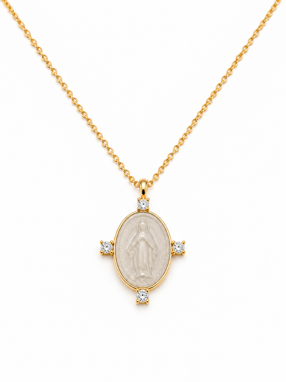 CIONDOLO IN ORO 9KT, CON MADONNINA IN CERAMICA E DIAMANTI