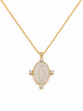 CIONDOLO IN ORO 9KT, CON MADONNINA IN CERAMICA E DIAMANTI