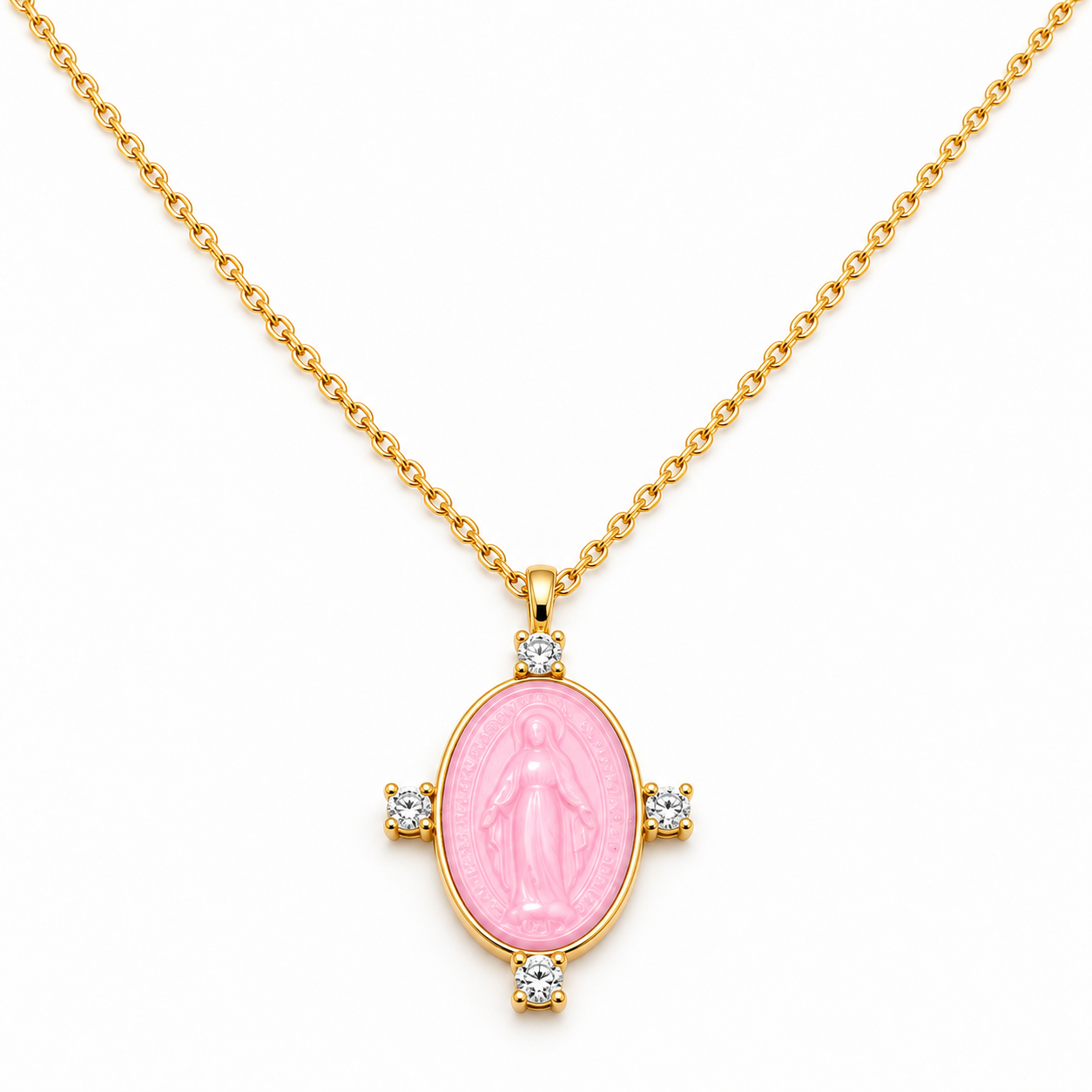 CIONDOLO IN ORO 9KT, CON MADONNINA IN CERAMICA E DIAMANTI