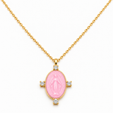 CIONDOLO IN ORO 9KT, CON MADONNINA IN CERAMICA E DIAMANTI