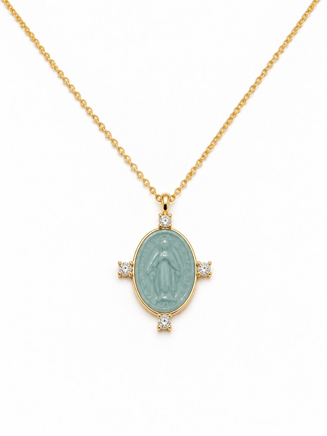 CIONDOLO IN ORO 9KT, CON MADONNINA IN CERAMICA E DIAMANTI