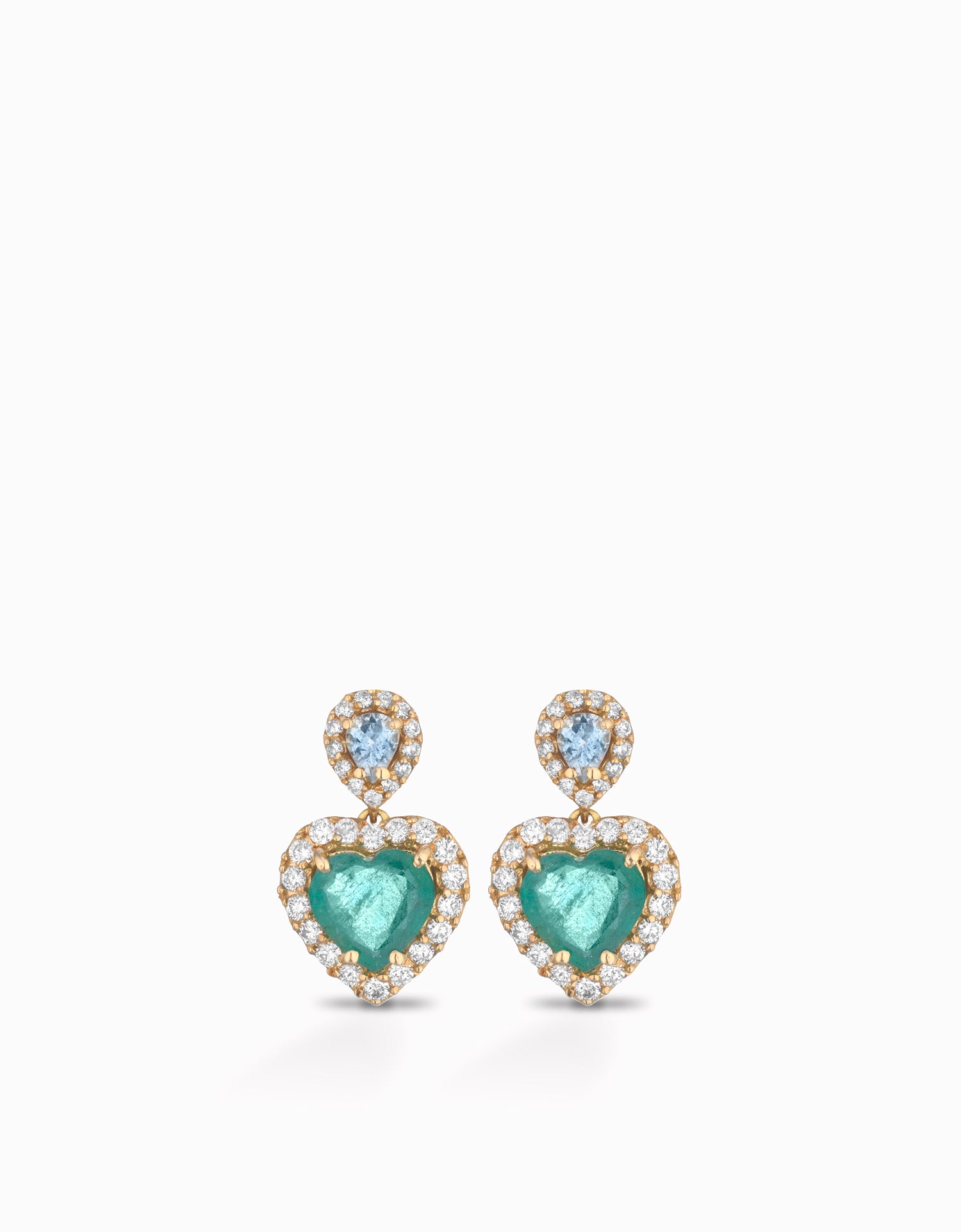 ORECCHINI IN ORO GIALLO CON GOCCE DI ACQUAMRINA E CUORI DI SMERALDI CON CONTORNO DI DIAMANTI