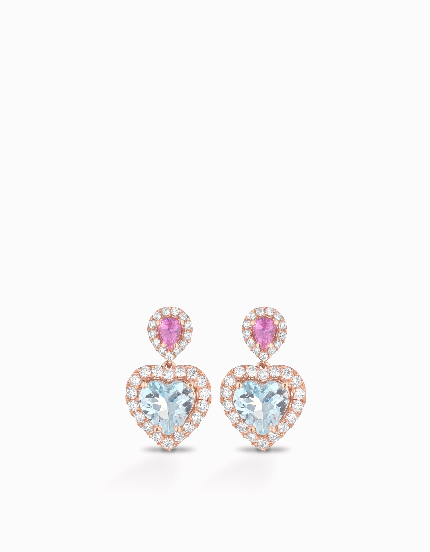 ORECCHINI IN ORO ROSA CON GOCCE DI ZAFFIRI ROSA E CUORI D'ACQUAMARINA E CONTORNO DI DIAMANTI