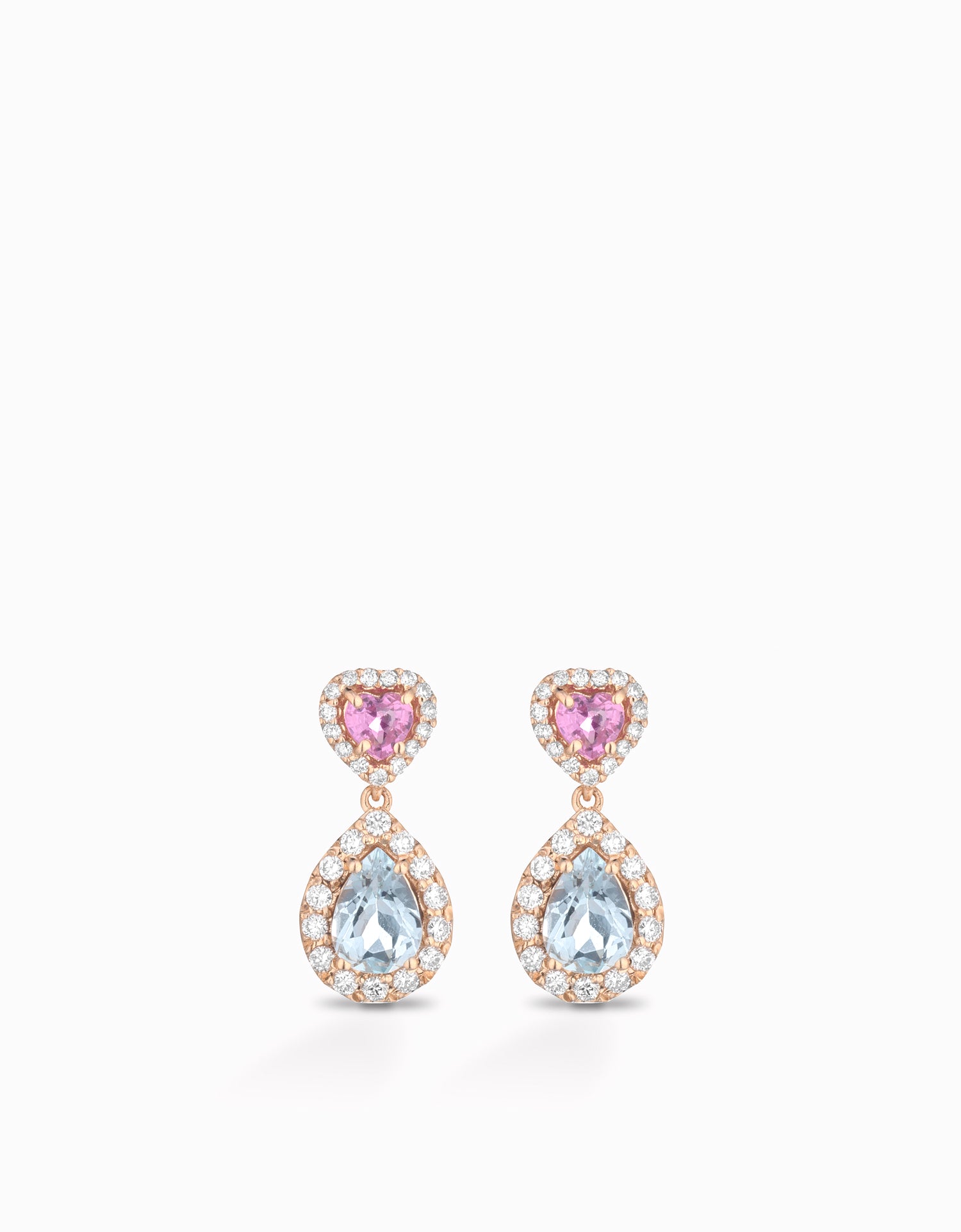 ORECCHINI IN ORO ROSA CON CUORI DI ZAFFIRI ROSA, GOCCE D'ACQUAMARINA E CONTORNO DI DIAMANTI
