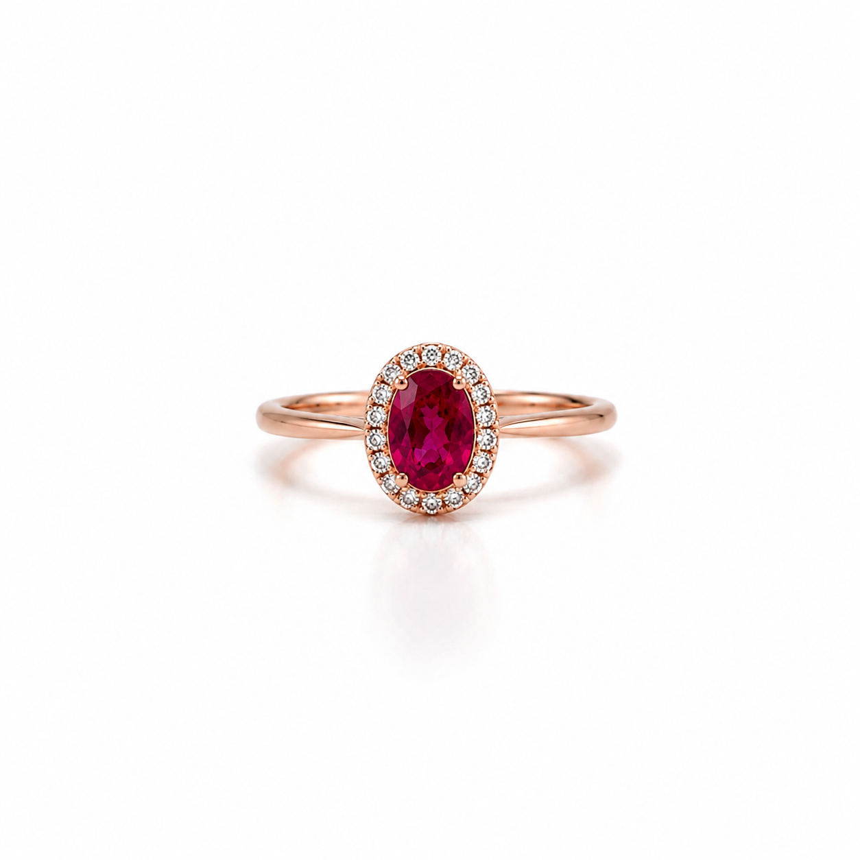 ANELLO IN ORO ROSA, CON DIAMANTI E OVALE RUBINO CENTRALE