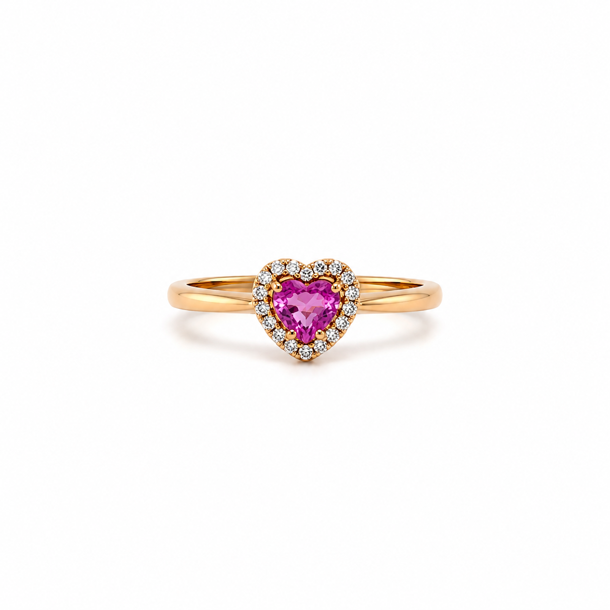 ANELLO IN ORO ROSA, CON DIAMANTI E CUORE DI ZAFFIRO ROSA CENTRALE