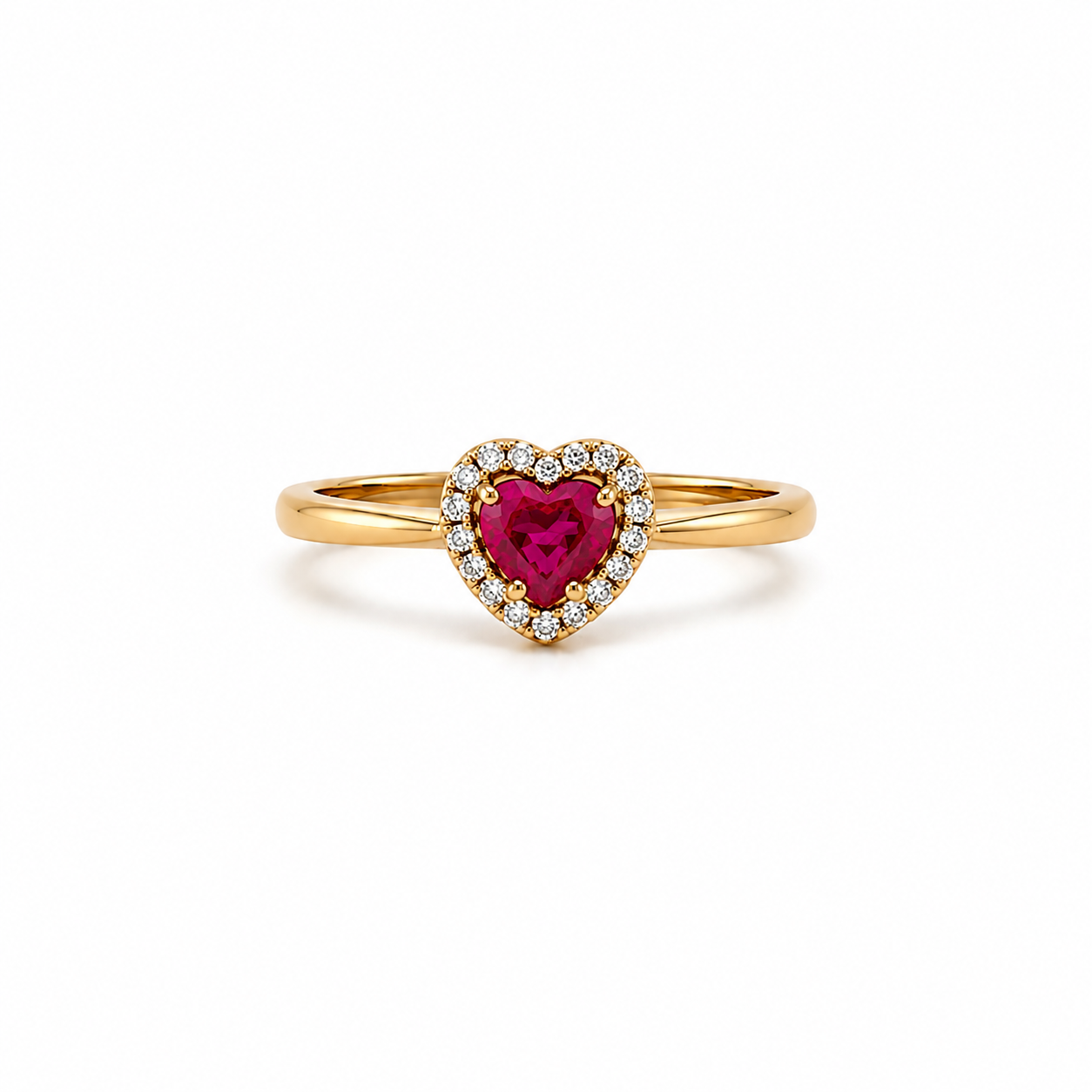 ANELLO IN ORO GIALLO , CON DIAMANTI E CUORE DI RUBINO CENTRALE