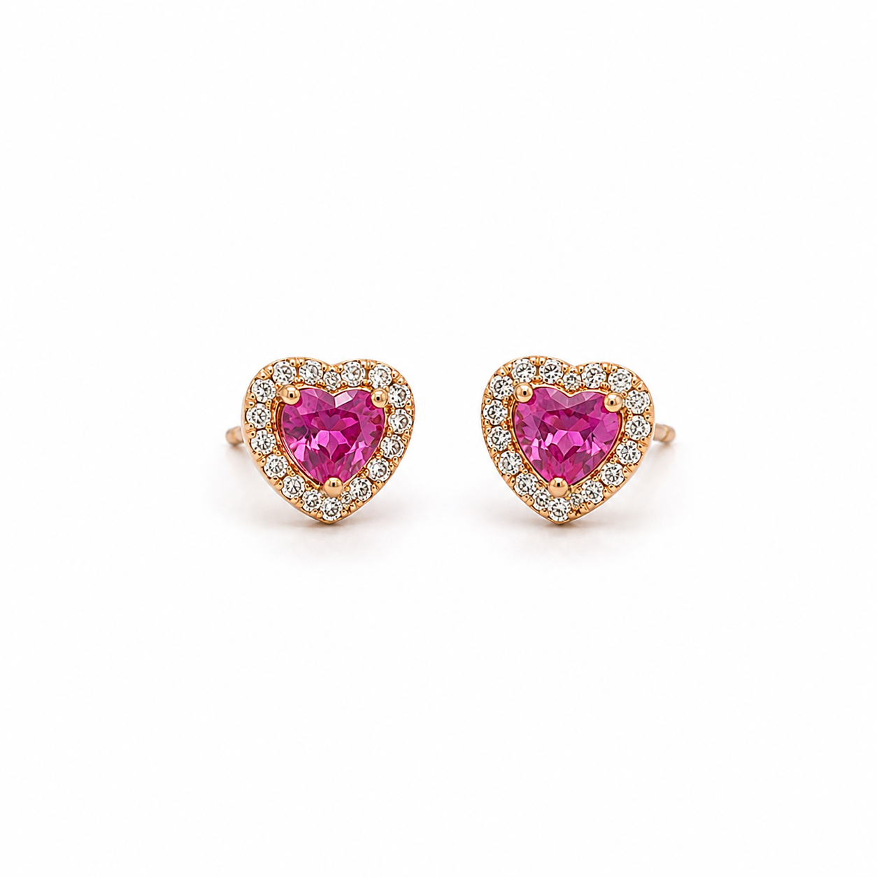 ORECCHINI IN ORO ROSA CON DIAMANTI E CUORI DI ZAFFIRO ROSA