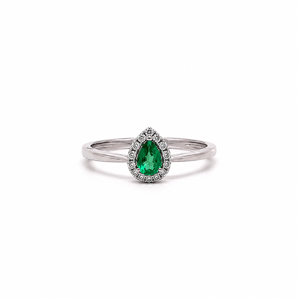ANELLO IN ORO BIANCO CON DIAMANTI E GOCCIA DI SMERALDO