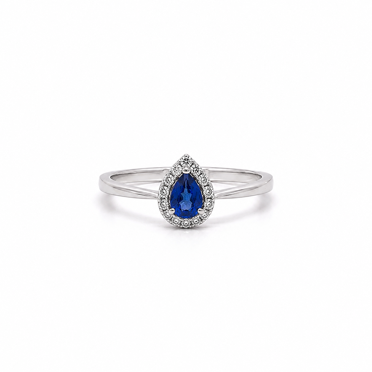 ANELLO IN ORO BIANCO, CON DIAMANTI E GOCCIA DI ZAFFIRO