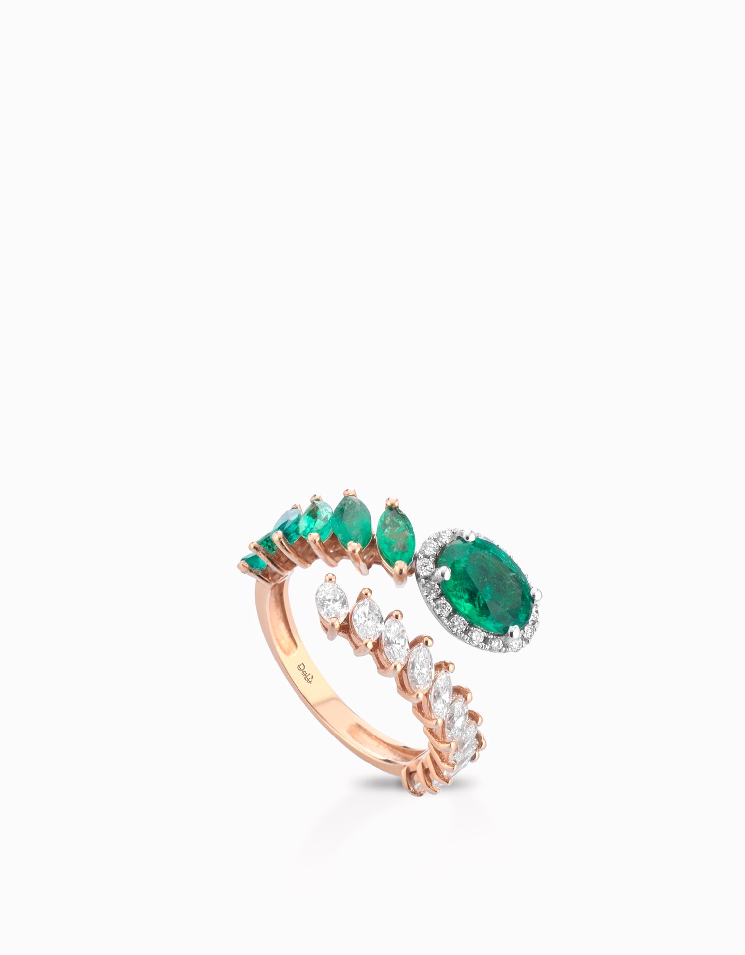 ANELLO FANTASIA IN ORO ROSA CON DIAMANTI E SMERALDI