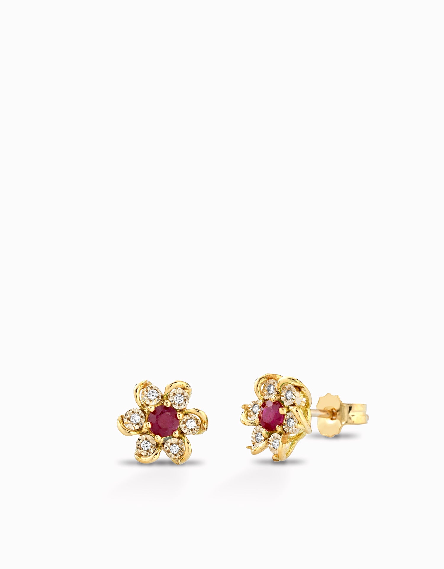 ORECCHINO A FIORE IN ORO GIALLO CON DIAMANTI E RUBINI CENTRALI