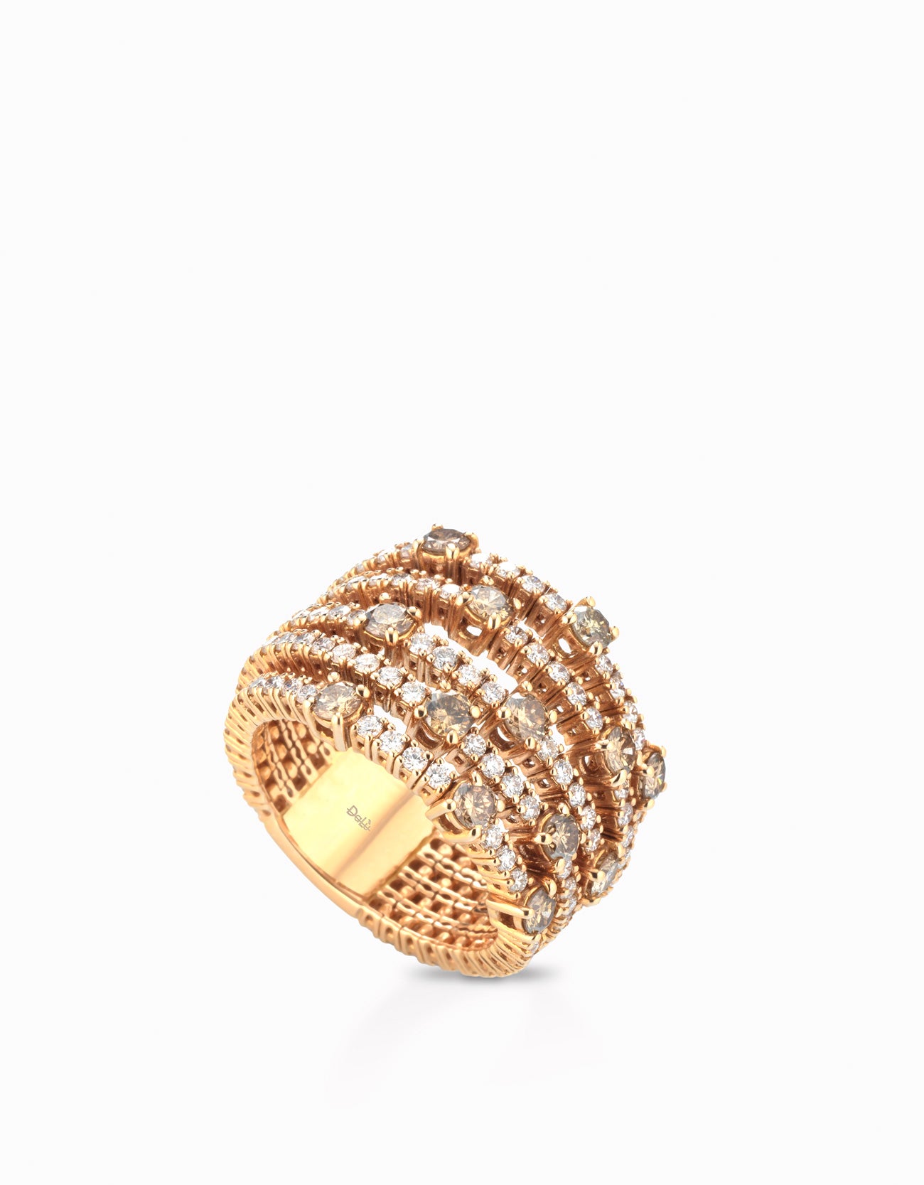 ANELLO A FASCE IN ORO ROSA CON DIAMANTI E PIETRE BROWN