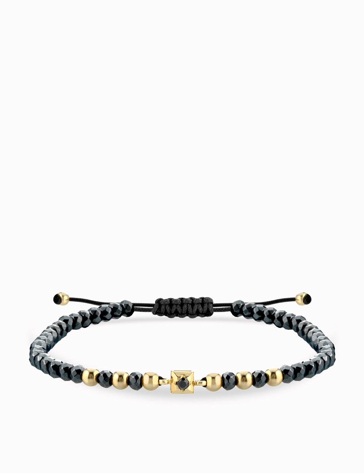BRACCIALE LACCIO CON EMATITE GRIGIA IN ORO GIALLO E PUNTO LUCE CENTRALE DI DIAMANTE NERO