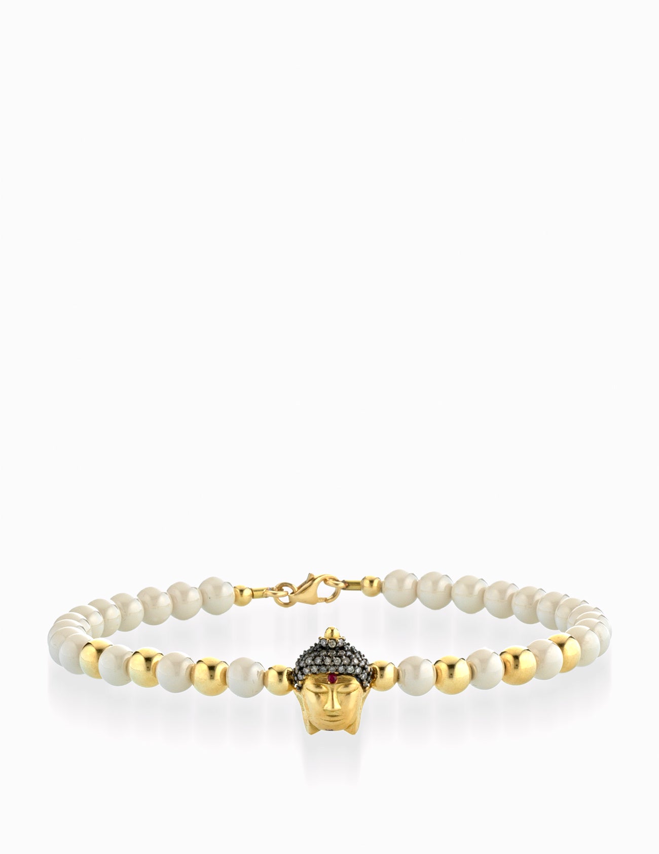 BRACCIALE TITANIO IN ORO GIALLO CON PALLINE BEIGE E BUDDHA CENTRALE CON PIETRE BROWNN E RUBINI