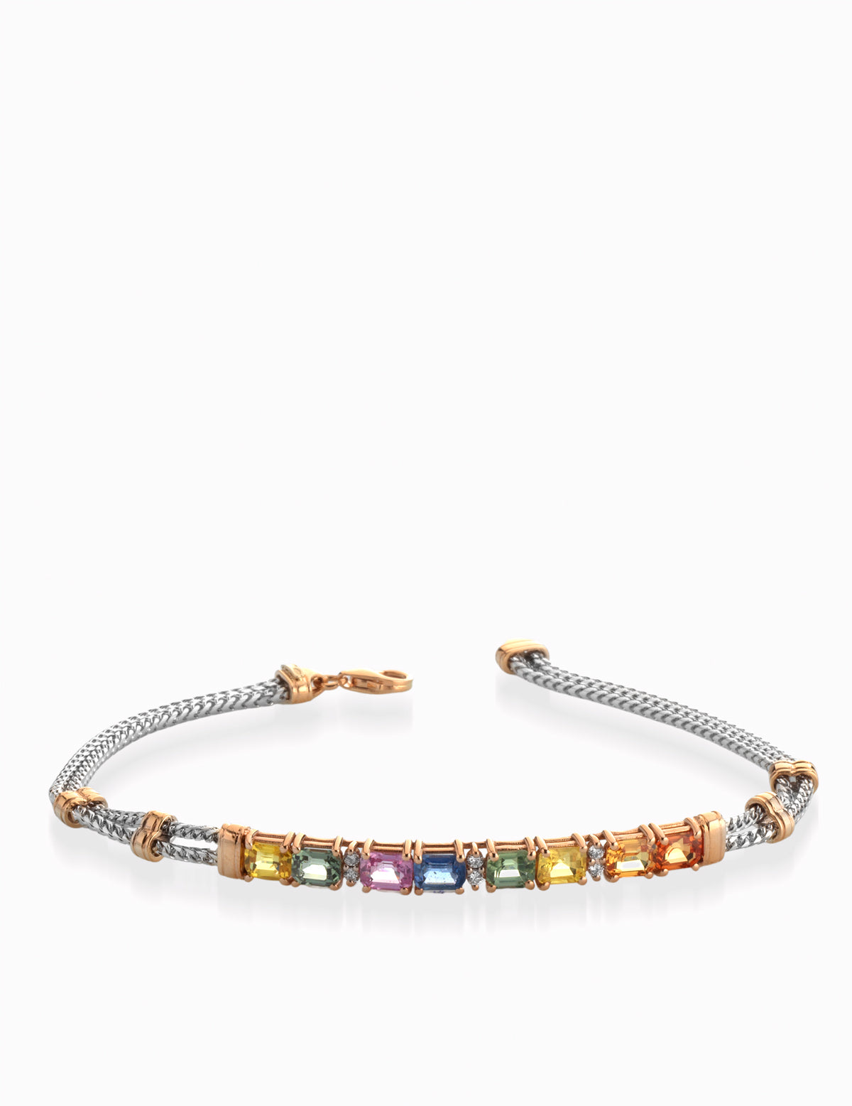 BRACCIALE CON CATENA IN ORO BIANCO CON BACCHETTA IN ORO ROSA CON PIETRE COLORATE PREZIOSE E DIAMANTI