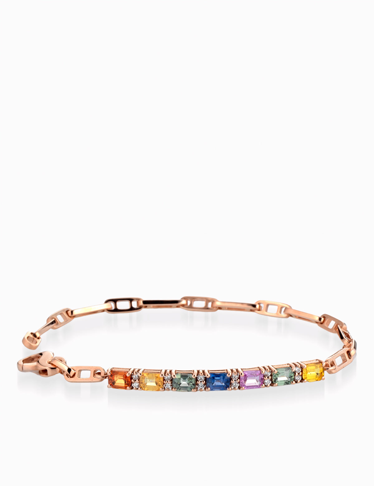 BRACCIALE CATENA IN ORO ROSA CON  PIETRE PREZIOSE COLORATE E ALTERNANZA DI DIAMANTI